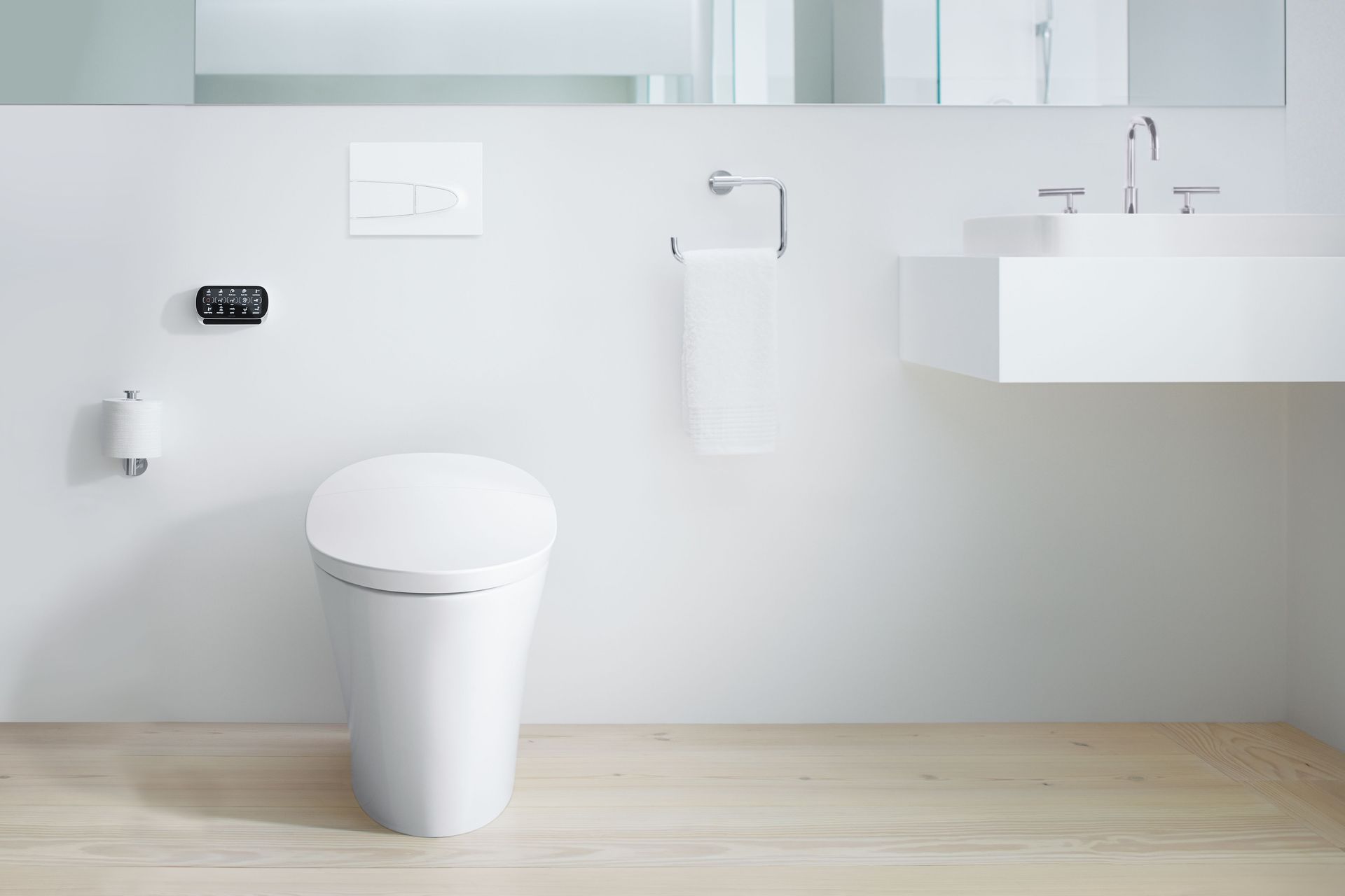  Smart toilet offers a multitude of features including heated seating, automatic flushing, bidet washing, air drying, and even self-cleaning capabilities. Featured product: Veil Wall Faced Intelligent Toilet.