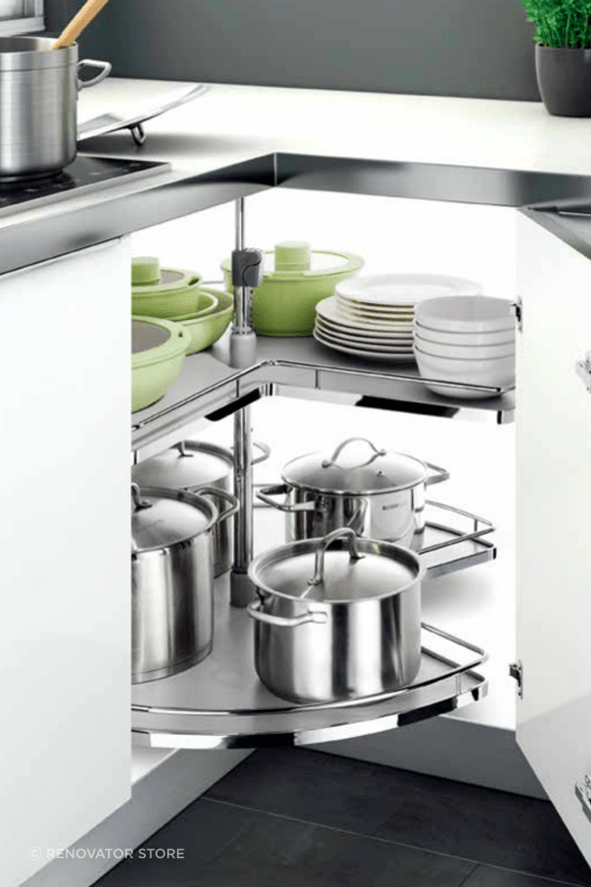 A fine collection of saucepans stored in a Kitchen Cupboard Carousel from the Renovator Store