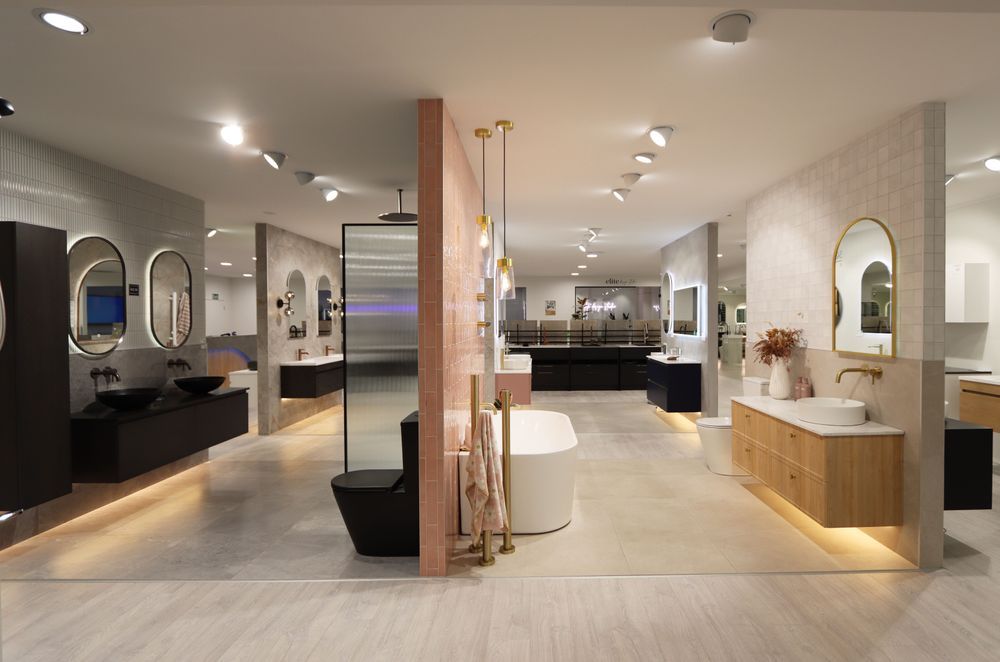 Elite Bathroomware's showroom with the new design studio in the background.