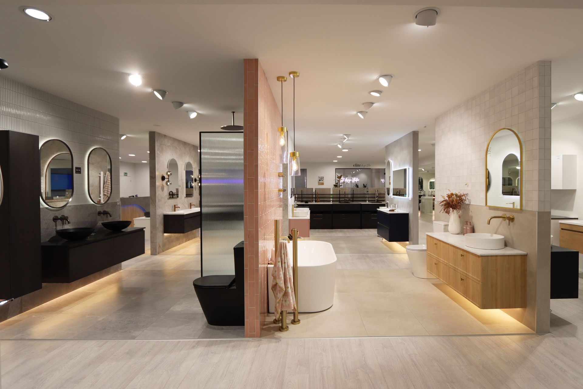 Elite Bathroomware's showroom with the new design studio in the background.