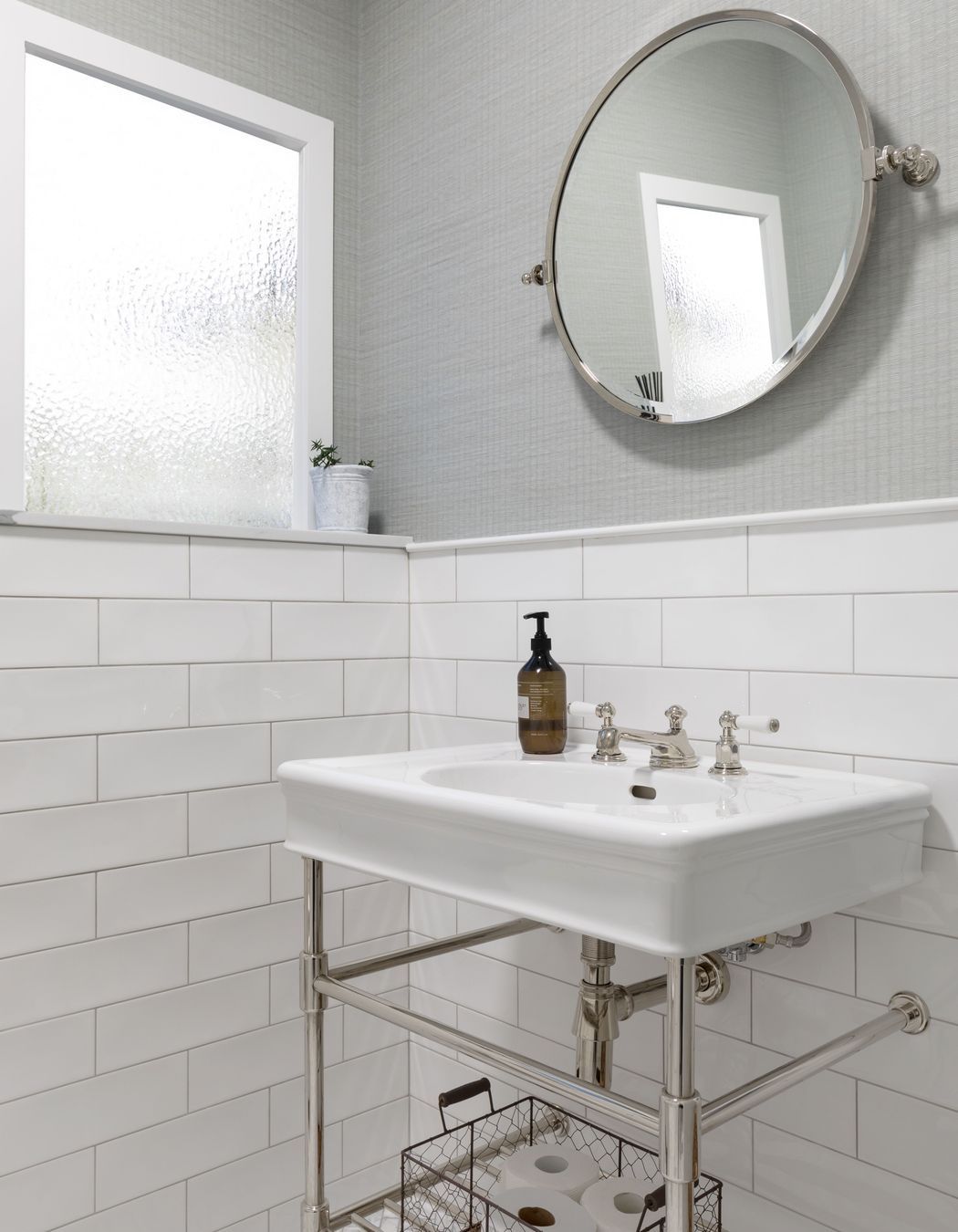 The circular option juxtaposes nicely against linear elements in the bathroom.