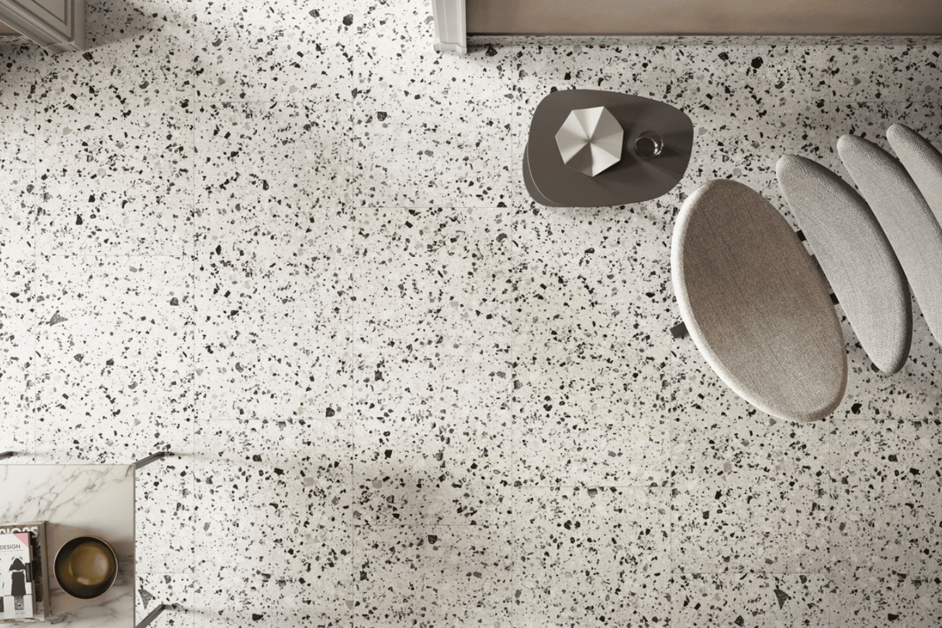 Venice Villa is a stunning historical revival of the Venetian terrazzo. Each tile is distinguished by its singular variety of colours and grain sizes with the marble-effect fragments standing out like jewels.