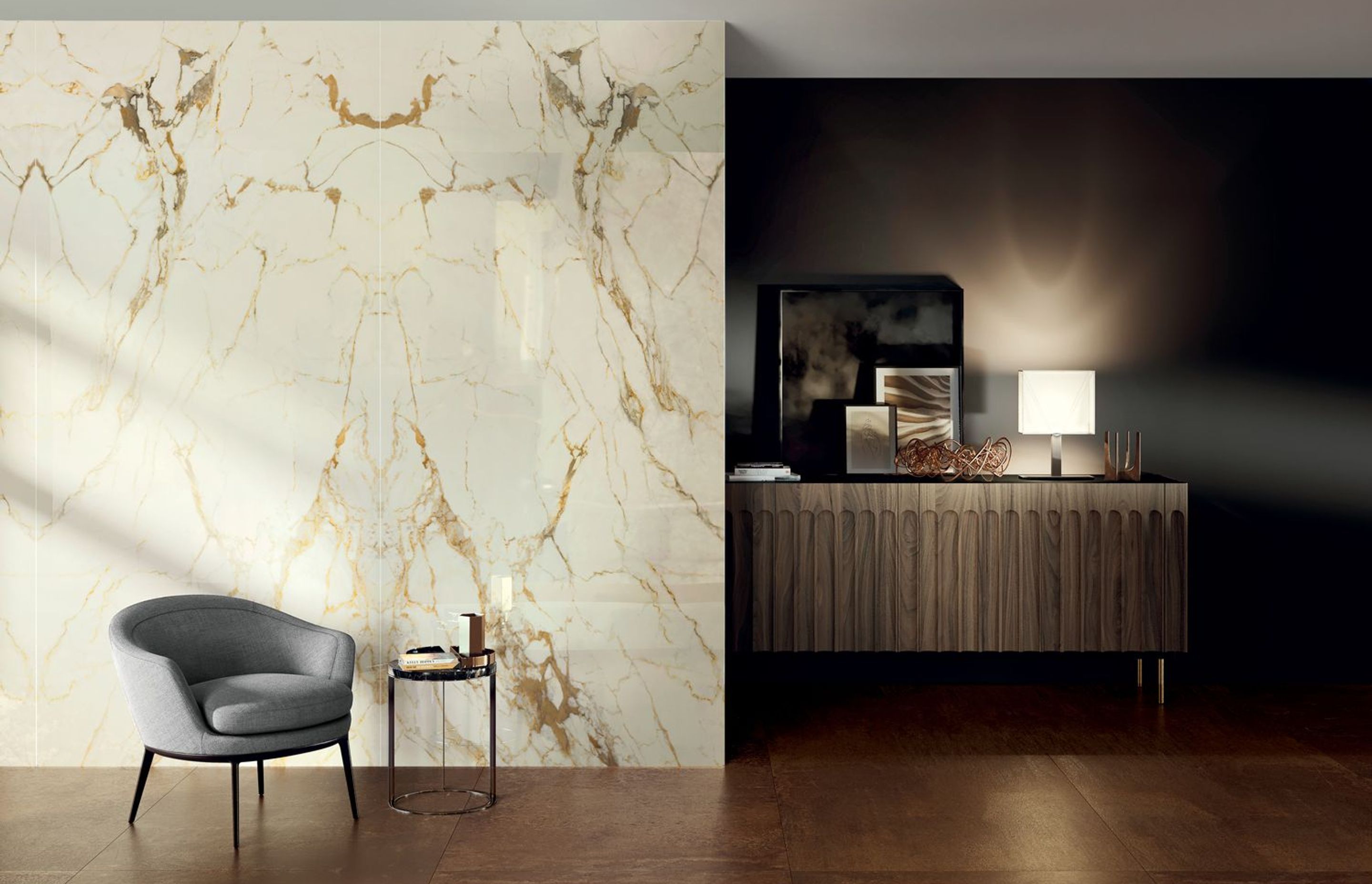 Wall: Macchia Vecchia-Glossy-Bookmatch | Floor: Metal-Corten