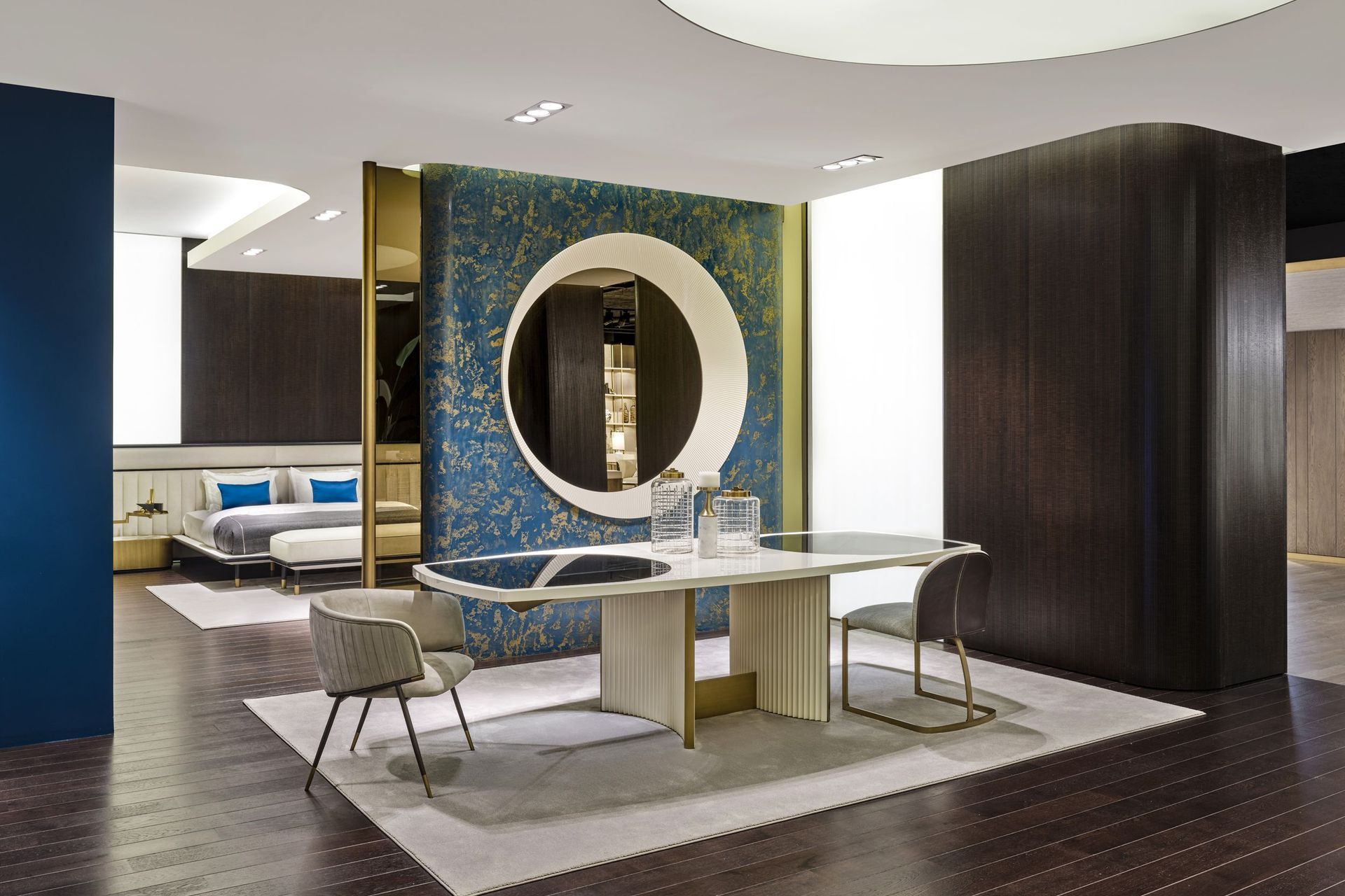 A floor rug can provide comfort and warmth, and help define a dining space, as seen here with the elegant Avenue Dining Table.