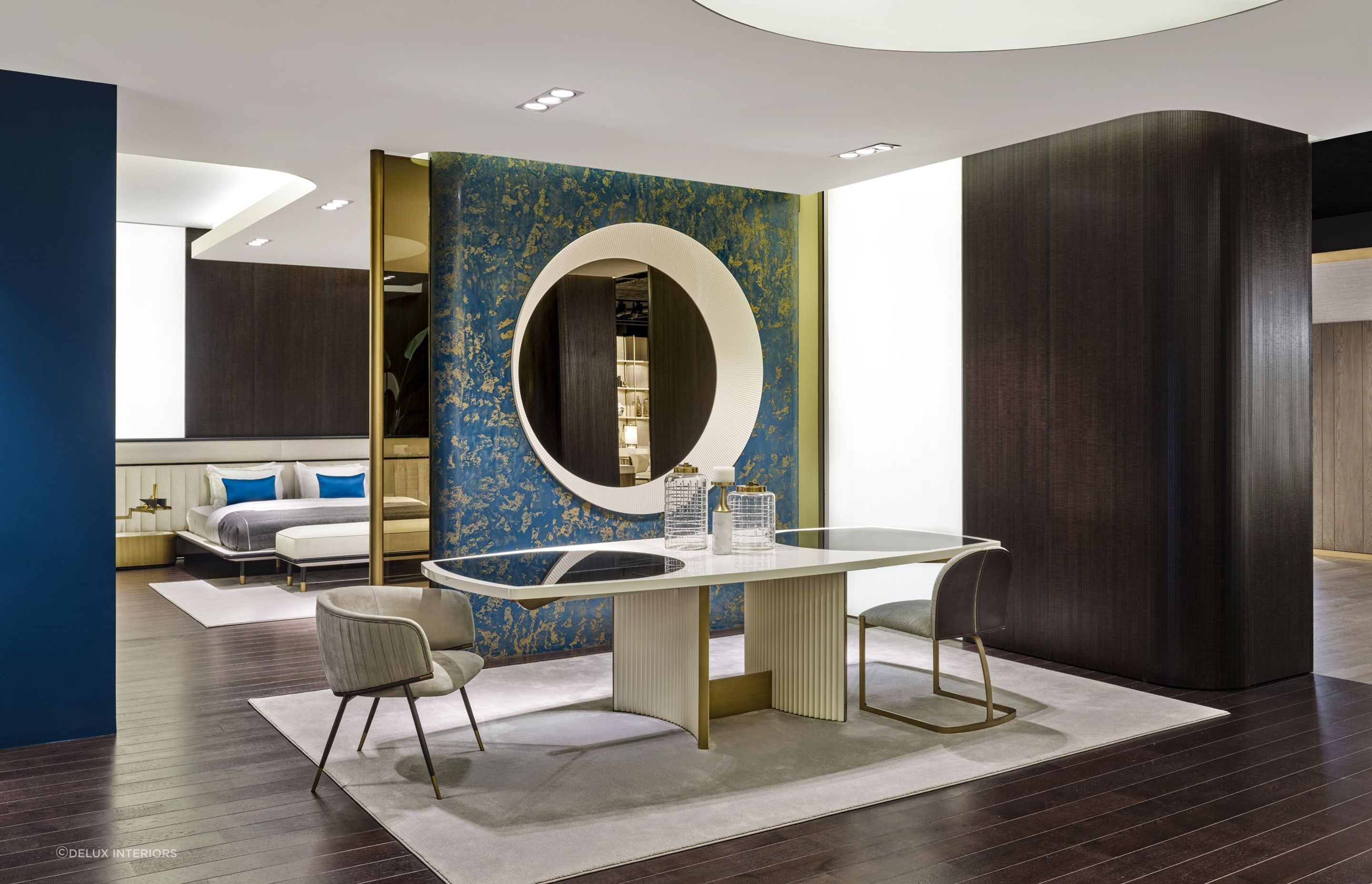 A floor rug can provide comfort and warmth, and help define a dining space, as seen here with the elegant Avenue Dining Table.