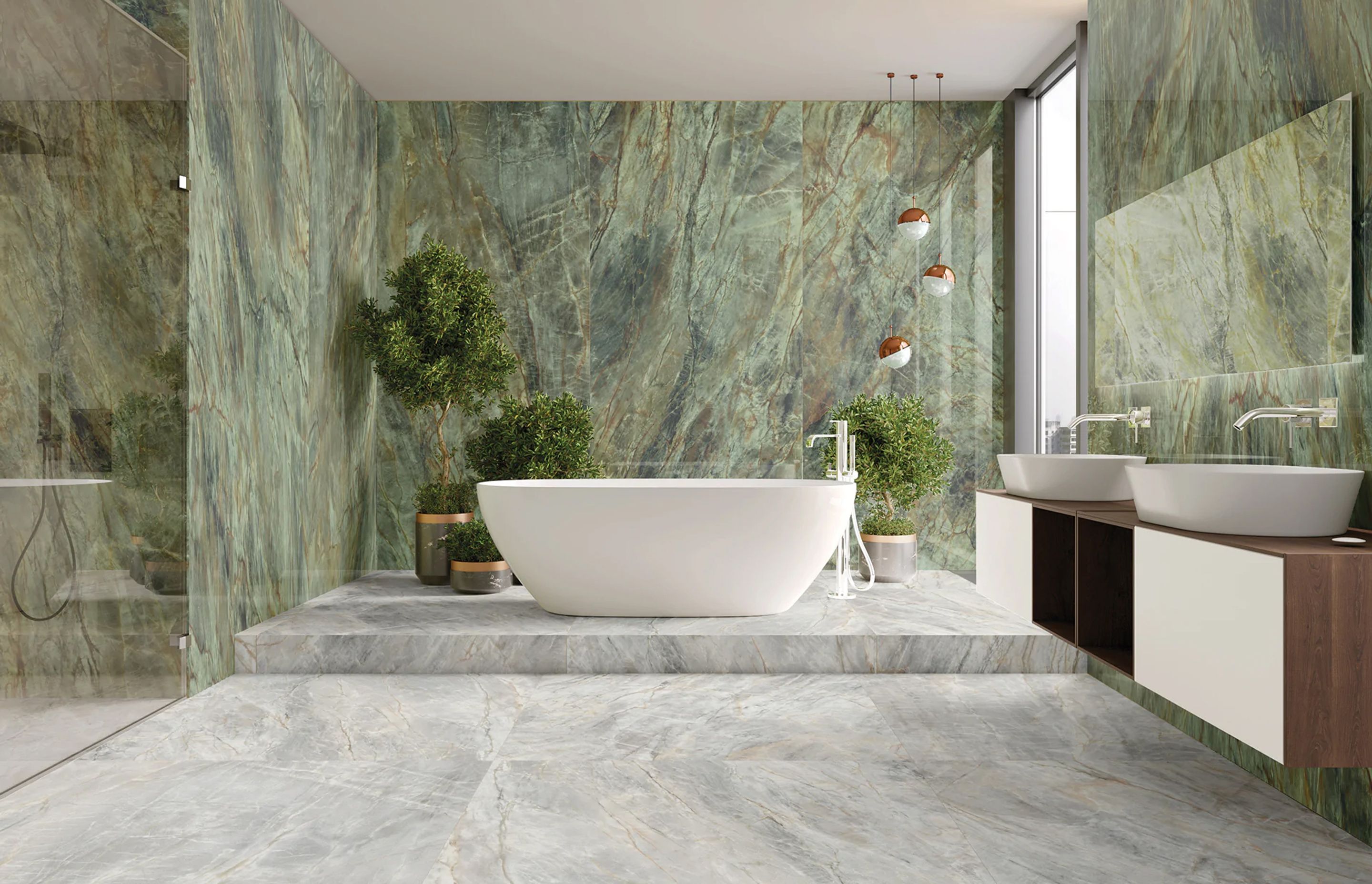 A luxurious look can be achieved by combining two colours of large format tiles from the same range.