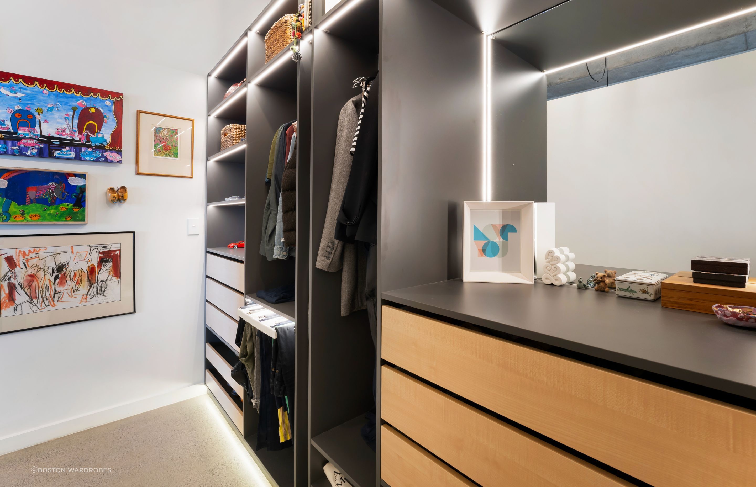 The design is informed by your storage needs, available space, lighting, and aesthetic preference.