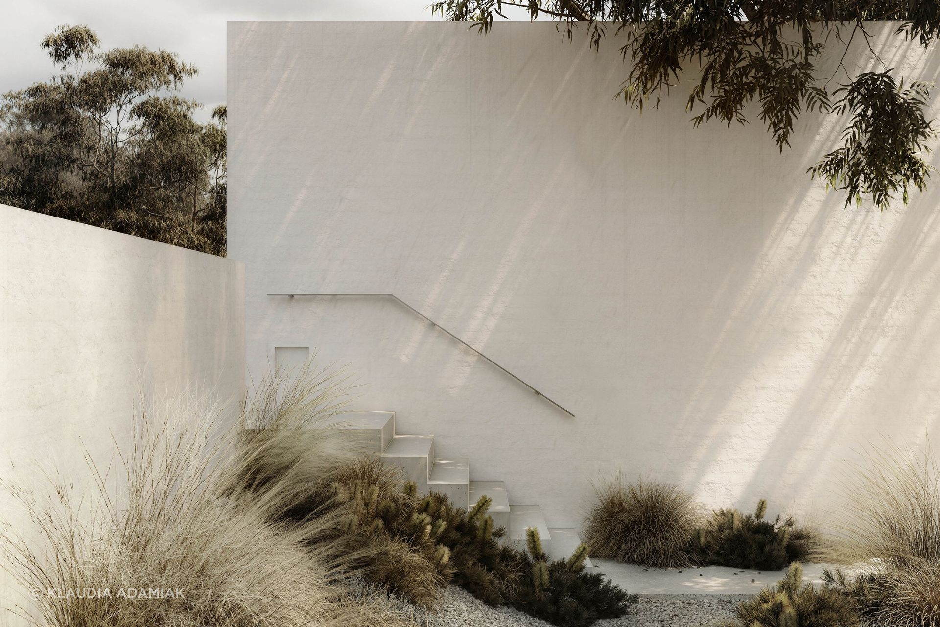 At HMM Residence, a restrained external stair is absorbed into the bagged-brick enclosure, allowing light, shadow and planting to animate the threshold.