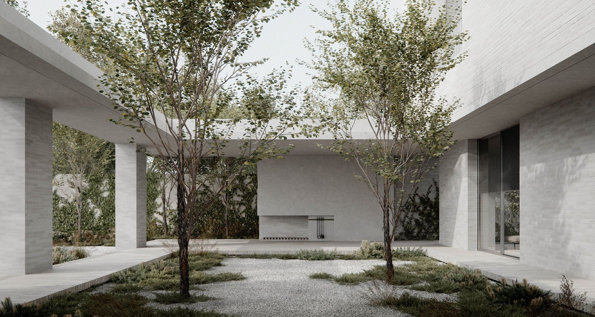 At LDS Residence I, a cloistered courtyard balances openness with enclosure, creating a calm, considered transition between family life and the landscape.