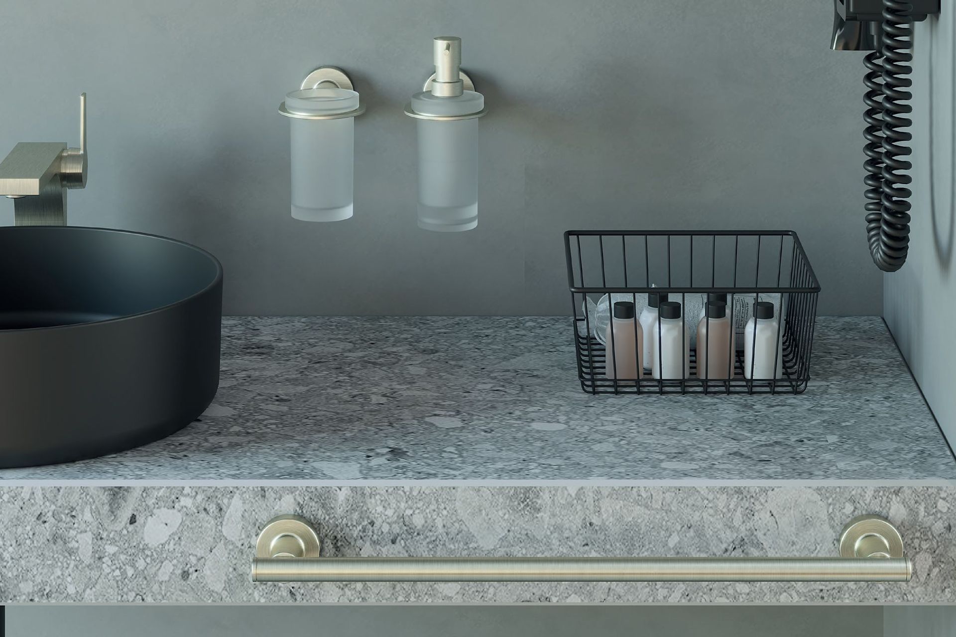 Minimalist styling can be achieved with sleek soap dispensers like this from the Elementi Project range.