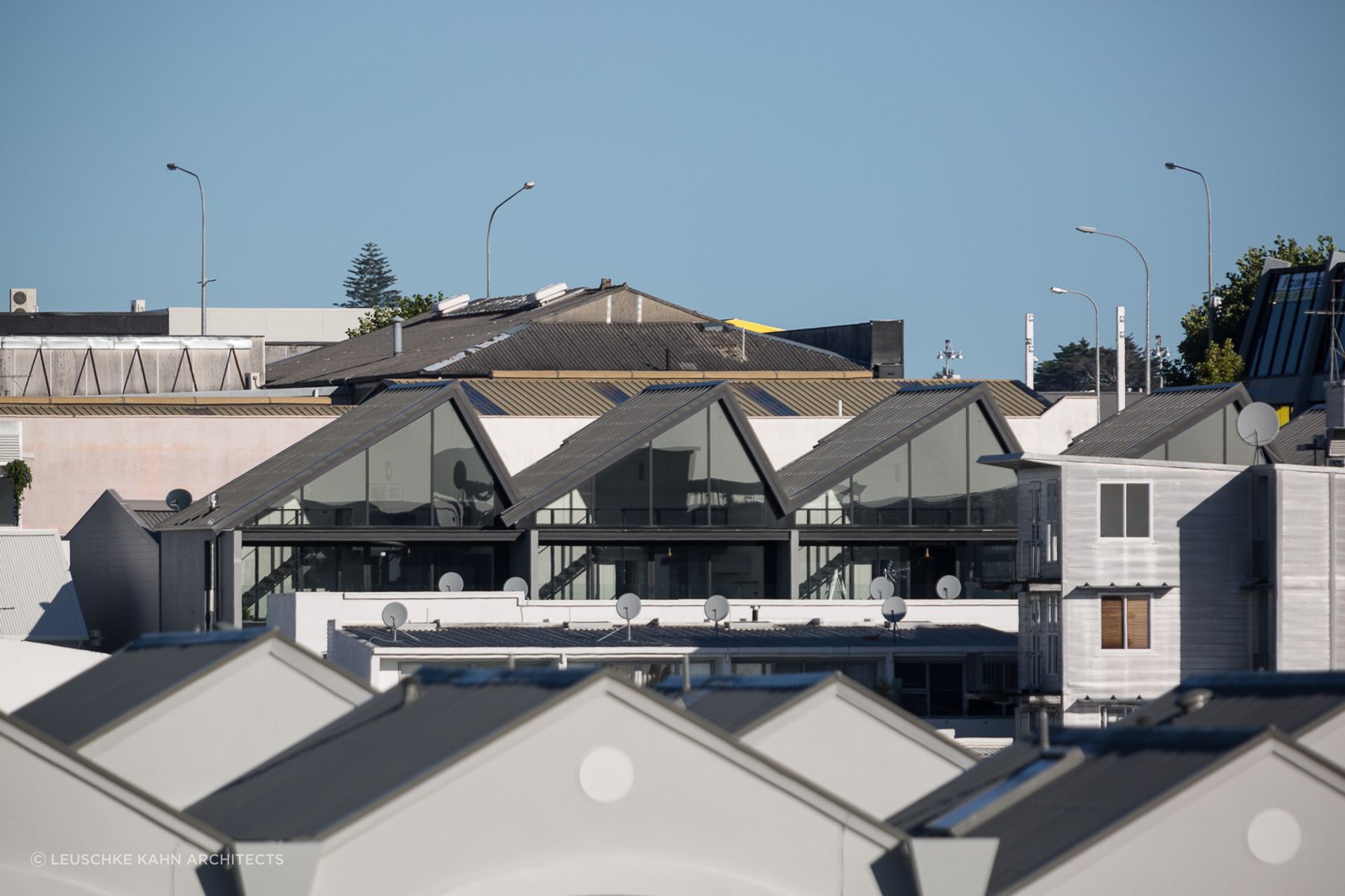 The tips of five terraced houses offer views for all over Grey Lynn in Auckland.