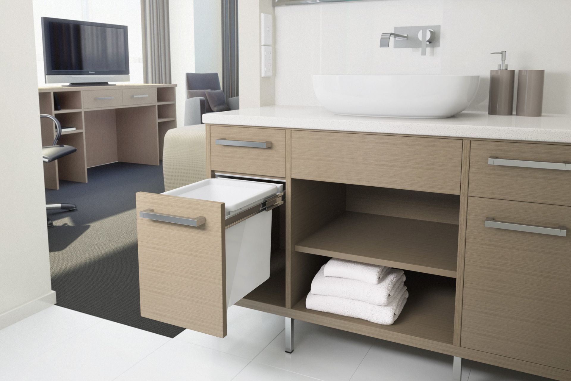 Solutions like those from Hideaway Bins offer a clever way to conceal your bathroom bins.