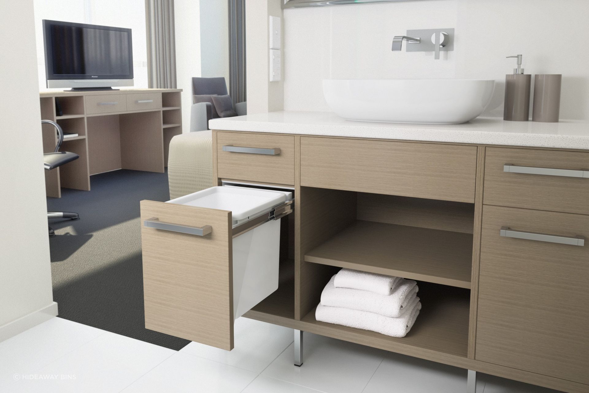 Solutions like those from Hideaway Bins offer a clever way to conceal your bathroom bins.