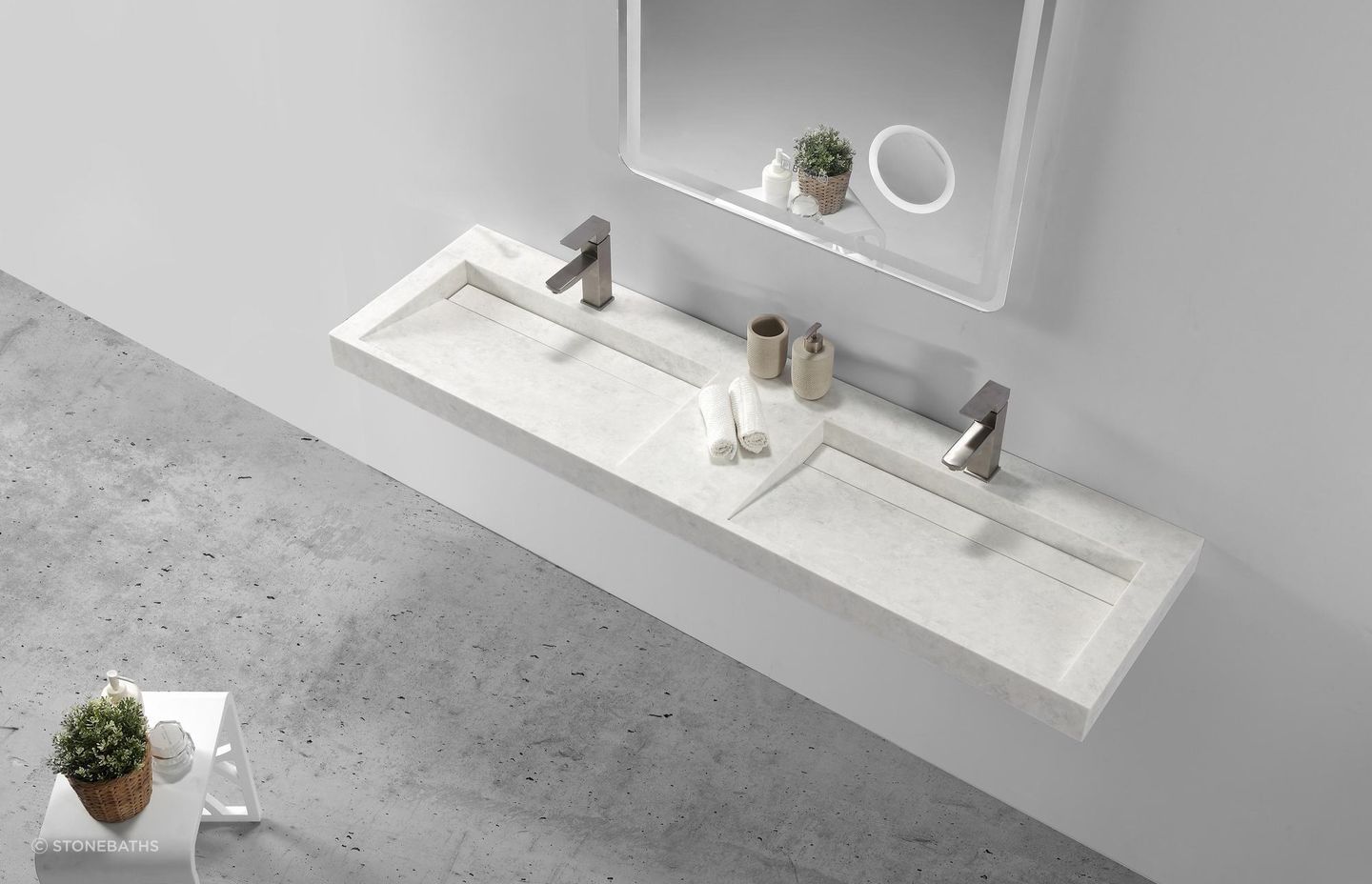 A stylish example of the distinctive washplane sink with the B1266-2 Double Basin by Stonebaths.