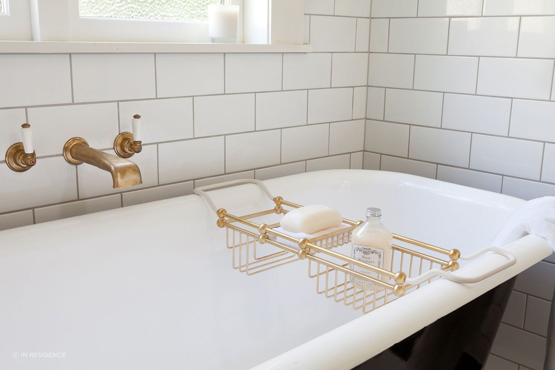 The Perrin &amp; Rowe Bath Rack comes with a soap dish and two deeper areas to accommodate all your bathroom essentials.