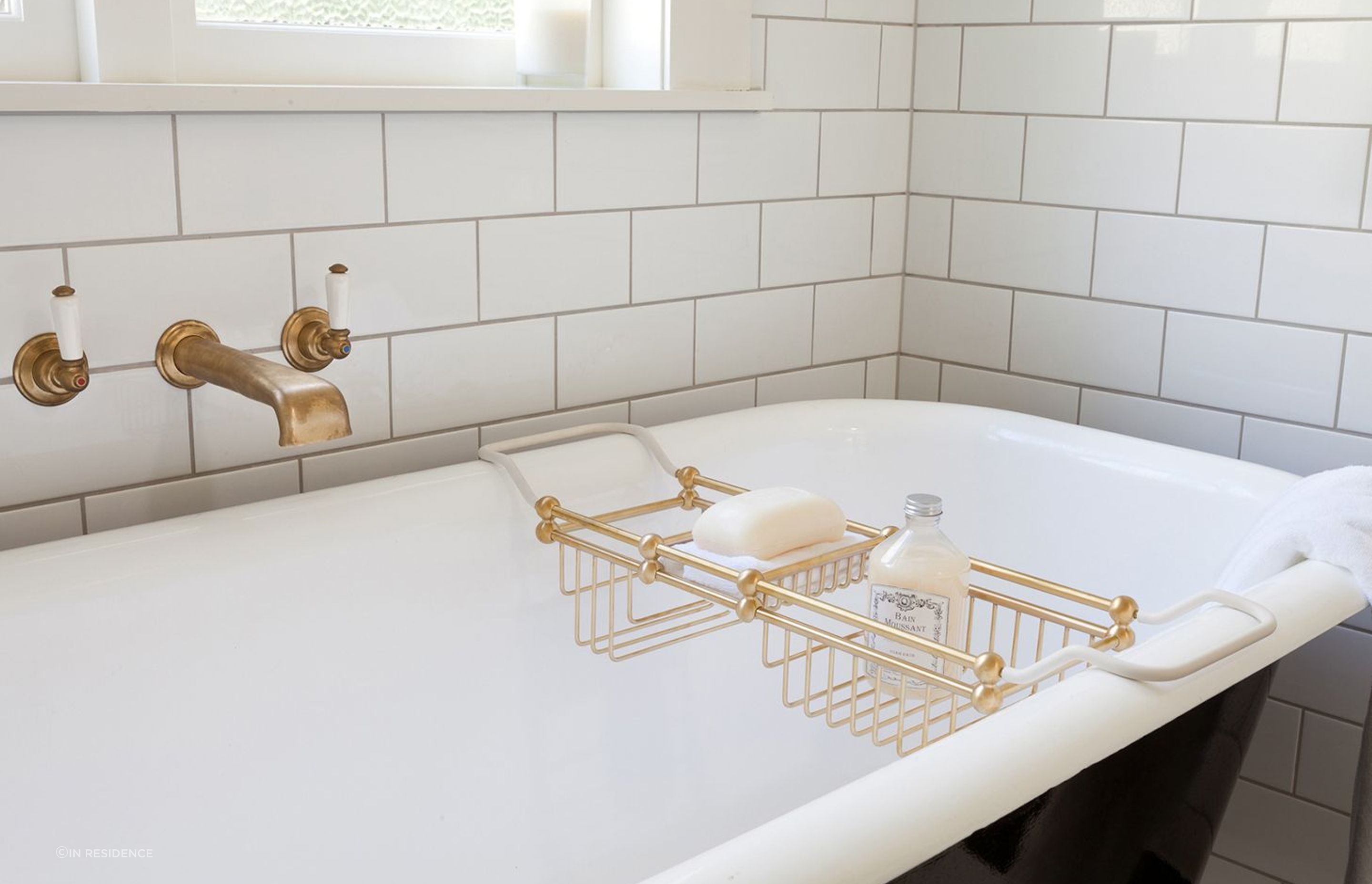 The Perrin &amp; Rowe Bath Rack comes with a soap dish and two deeper areas to accommodate all your bathroom essentials.