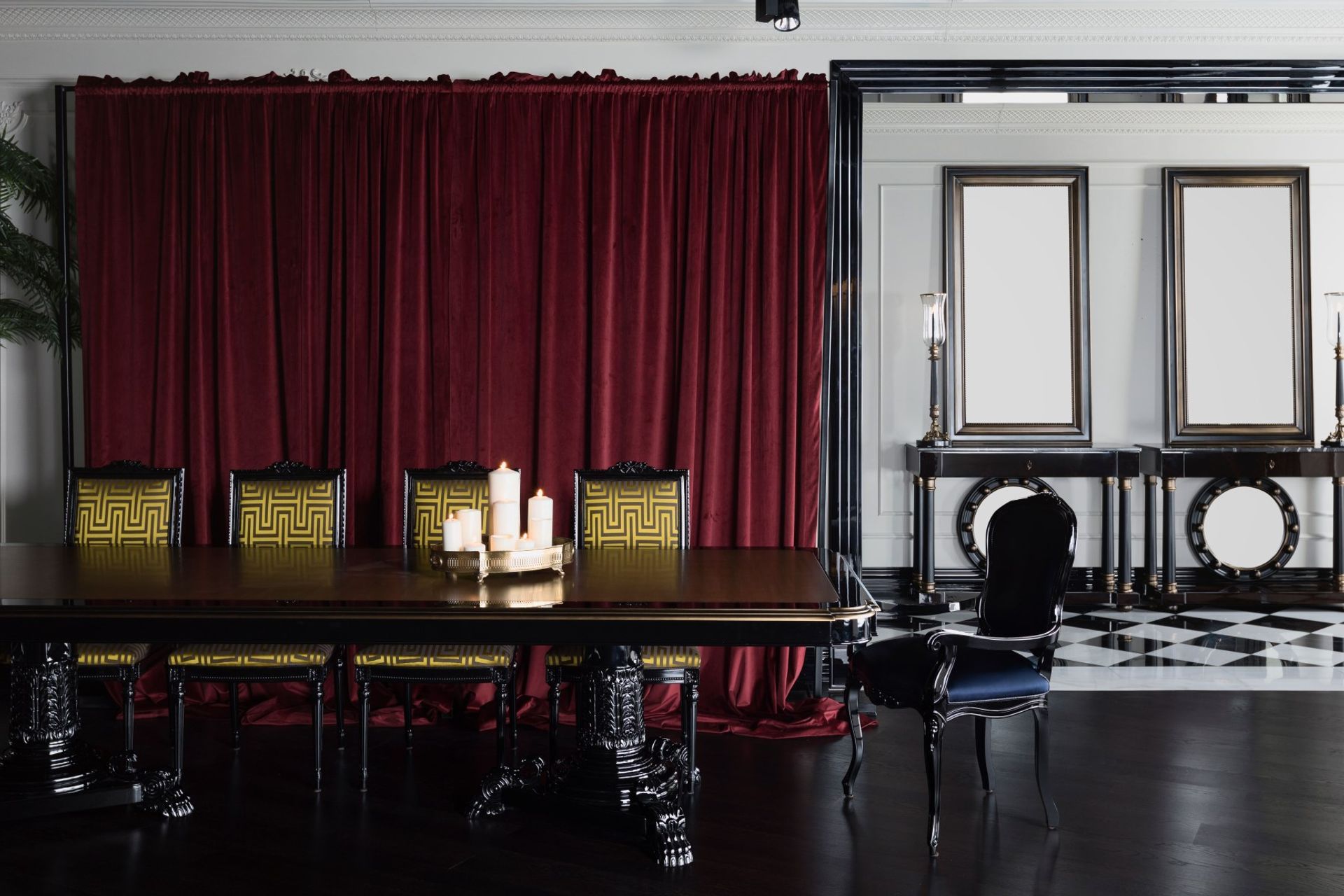 Quality window treatments can greatly enhance the look and feel of a dining room, seen here behind the sophisticated Paris Dining Table.