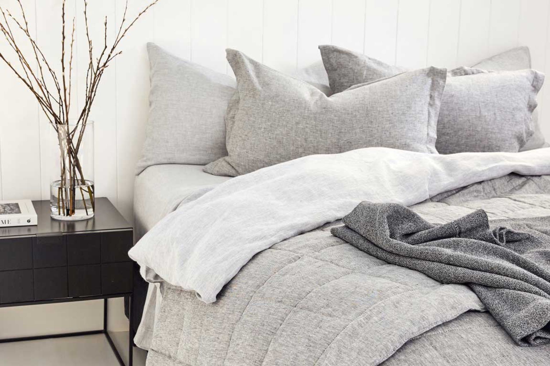 Pure linen stone-washed quilt filled with cotton in Dove Marle by Bemboka