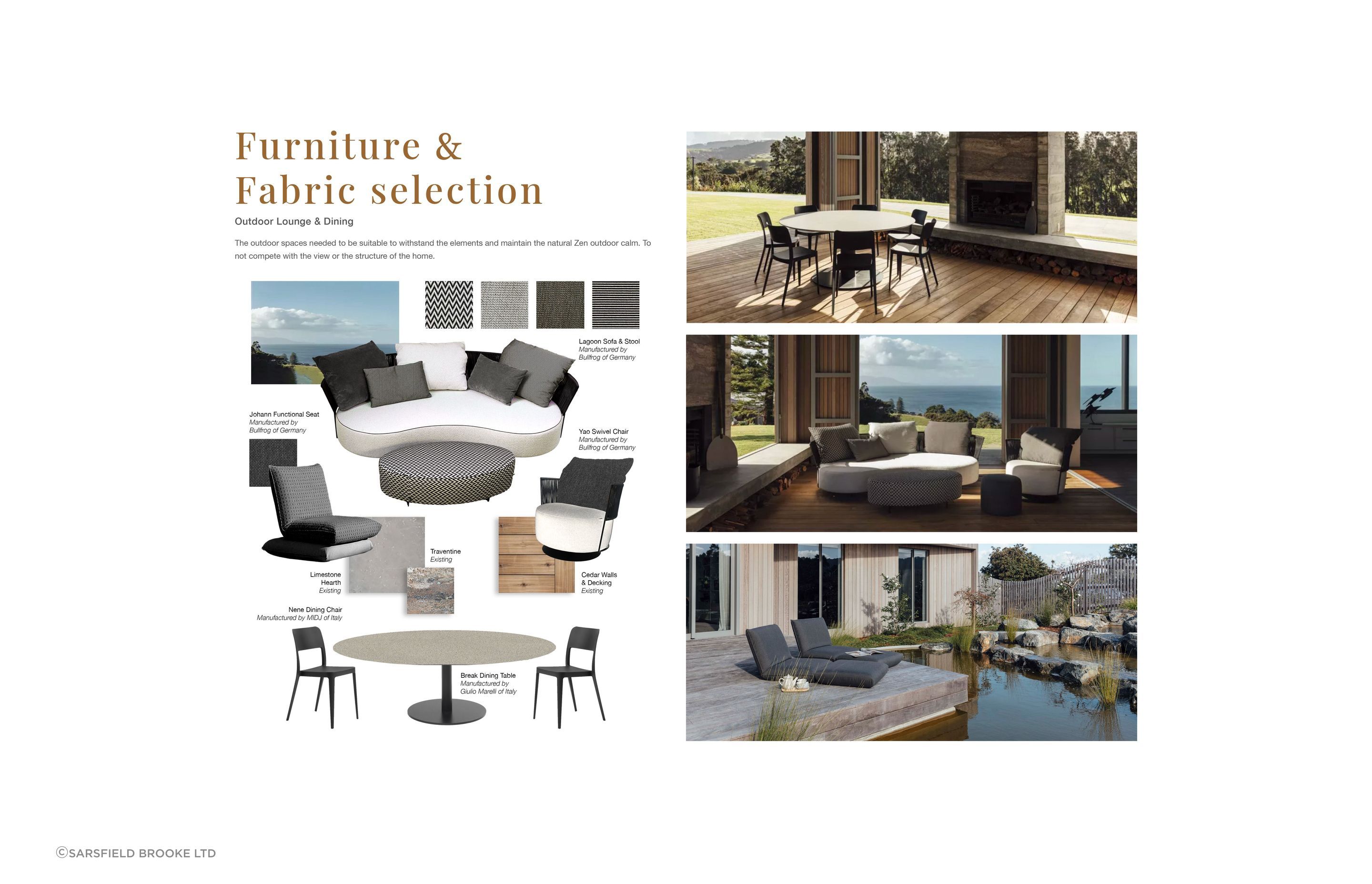 Furniture selection was carefully curated to suit the Matakana home, including the outdoor seating. Mood boards are built to include actual choices in furniture and fabric – demonstrating Sarsfield Brooke's strength in customisation for any project.