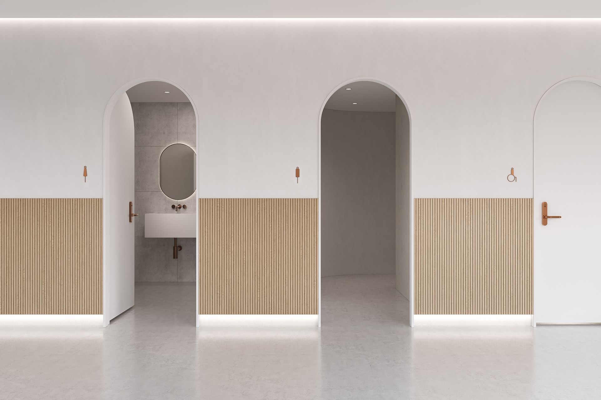 Elegant bathroom signage doesn't detract from the cleanlined look of the space.