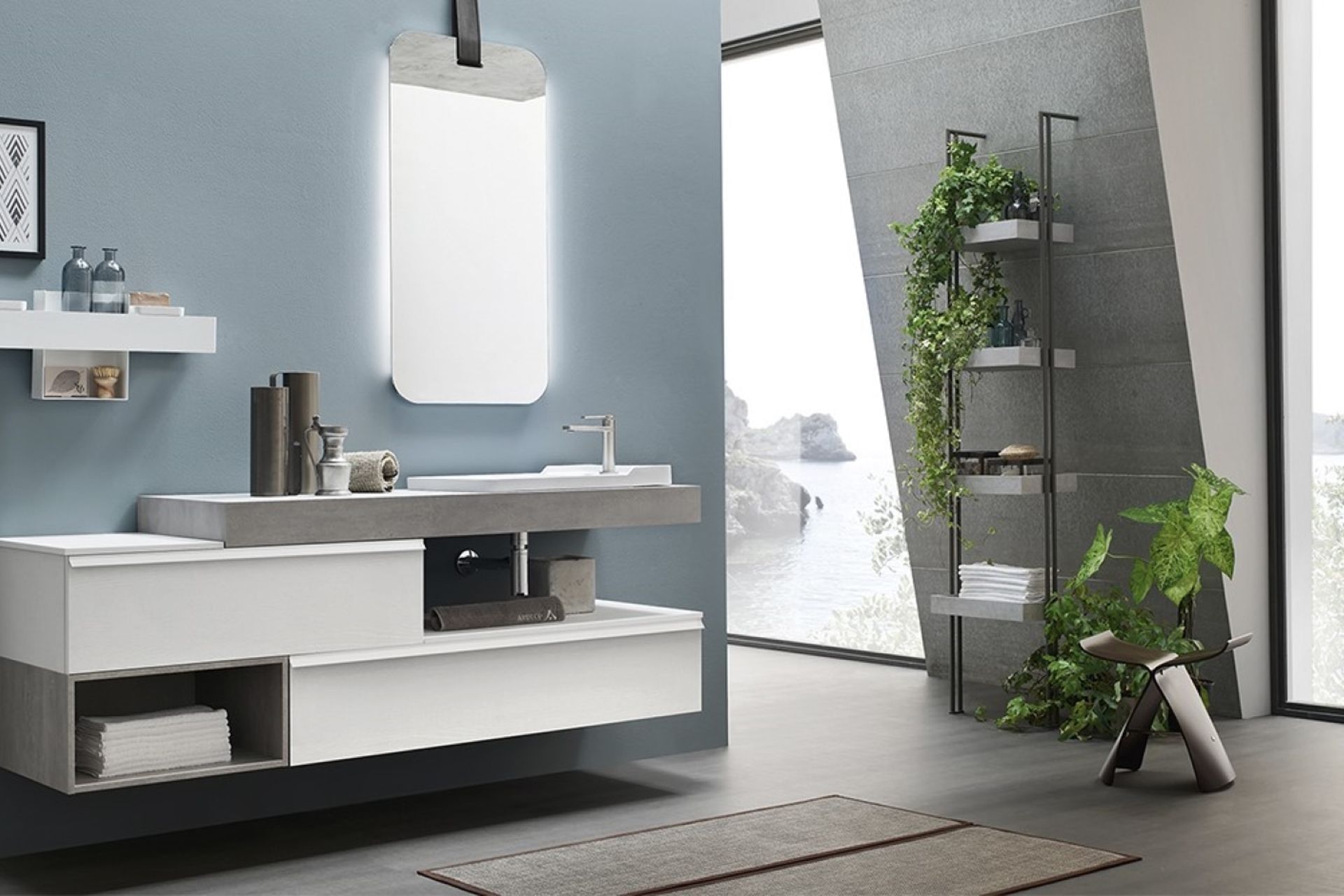 An indoor pot plant, or two, can bring a real sense of vitality to a space — seen here with the sublime Start Line Wall Hung Vanity by Ardeco.
