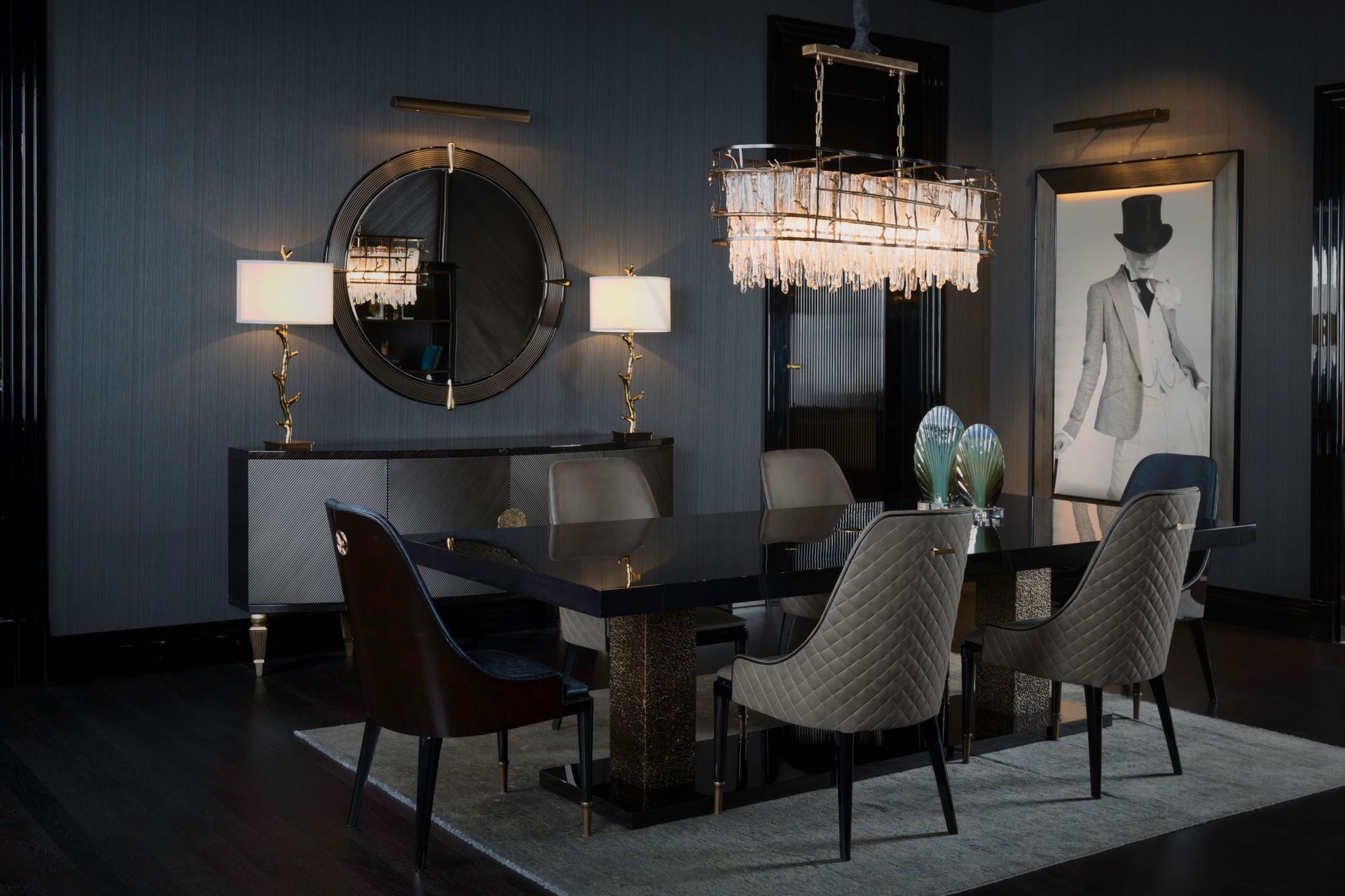 A wall mirror will naturally reflect the lighting in a dining room and can look incredibly elegant too, seen here with the Stone Dining Table.