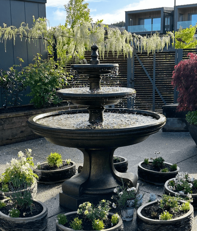 Experience Mediterranean-inspired sculptures, intricate water features and a touch of moss