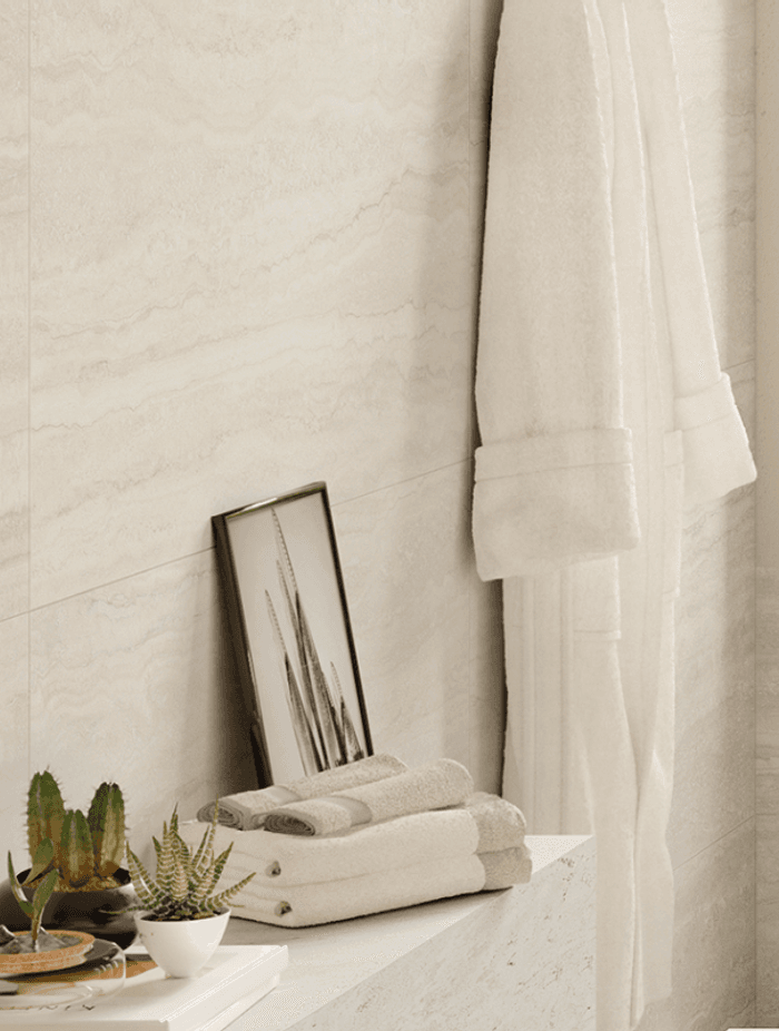 Quantum's Unique Travertine floor and wall tiles are a beautiful porcelain interpretation of the natural stone – its tone and natural matte surface effective in creating a relaxing, spa-like environment.