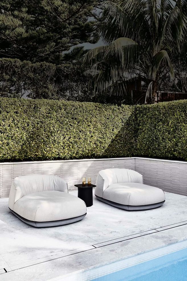 Kristalia ‘Brioni’ chairs, available from Fanuli, are the perfect poolside loungers. Kristalia ‘Degree’ outdoor table. Perla Beige limestone pavers, Euro Marble