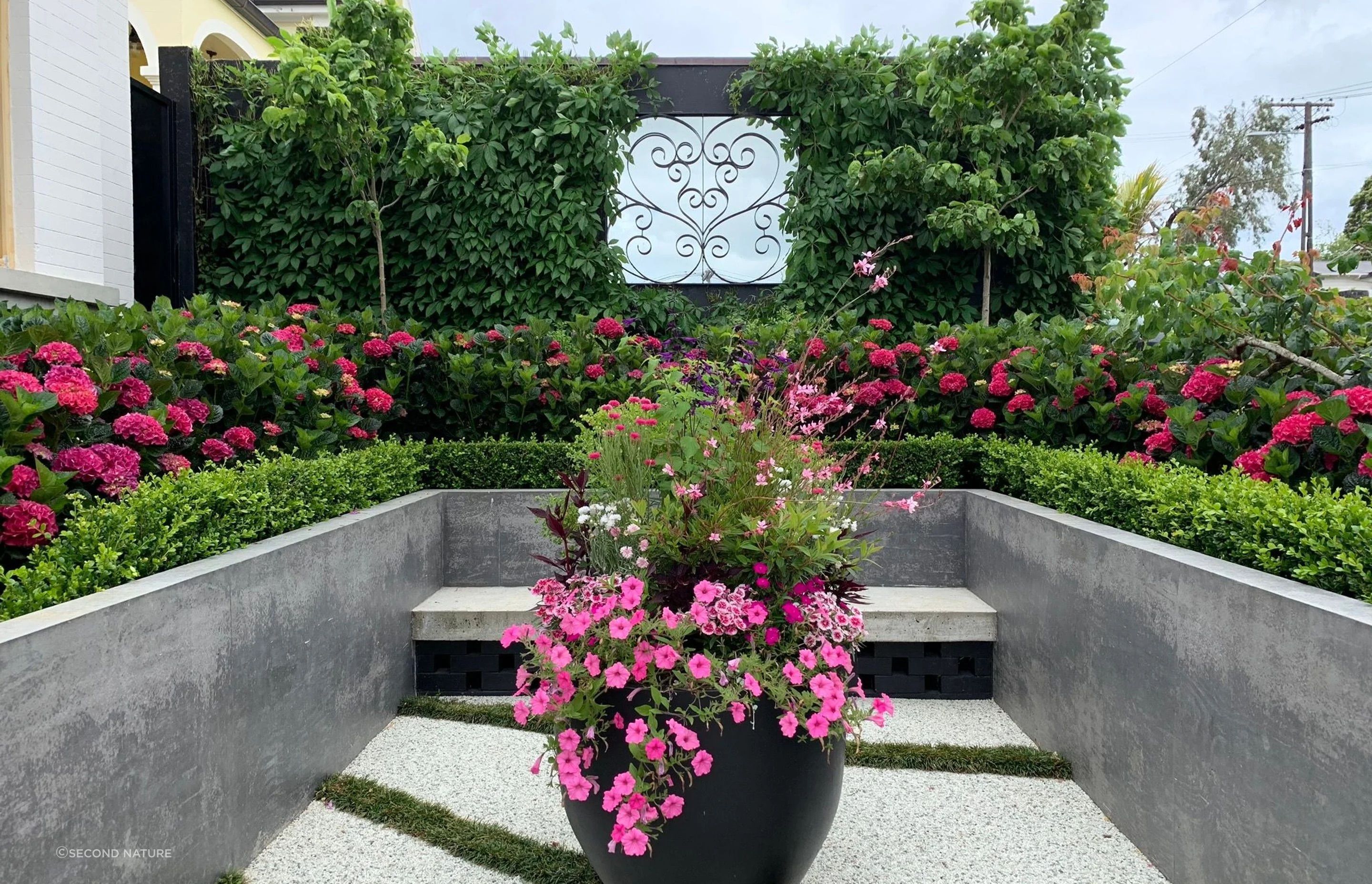 Pink blooms delight in this intimate garden.