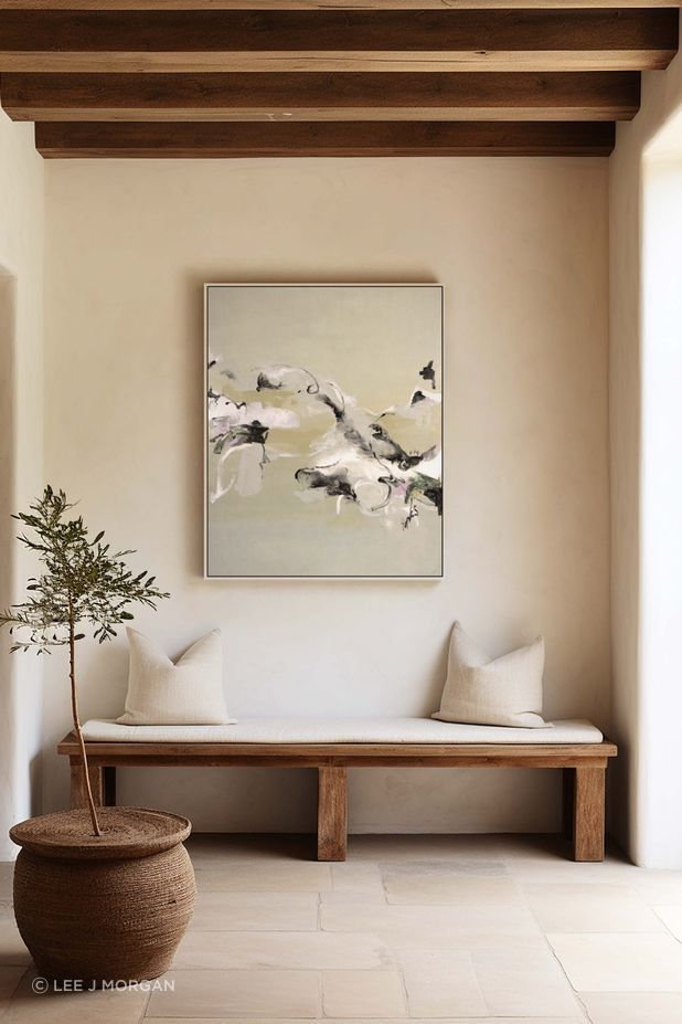 The soft, muted background of 'Beyond the Horizon' sets a tranquil scene, while the abstract's sweeping forms carry a sense of movement and transition.