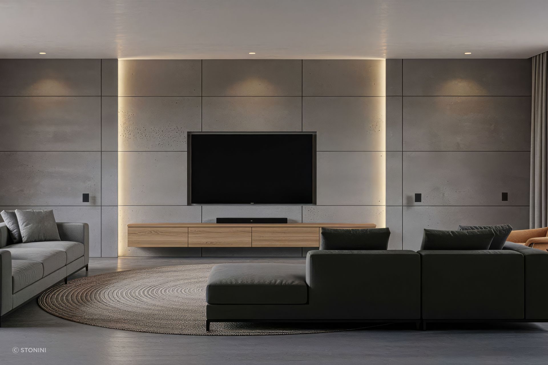 Conceptual application of decorative concrete wall panels in a media room