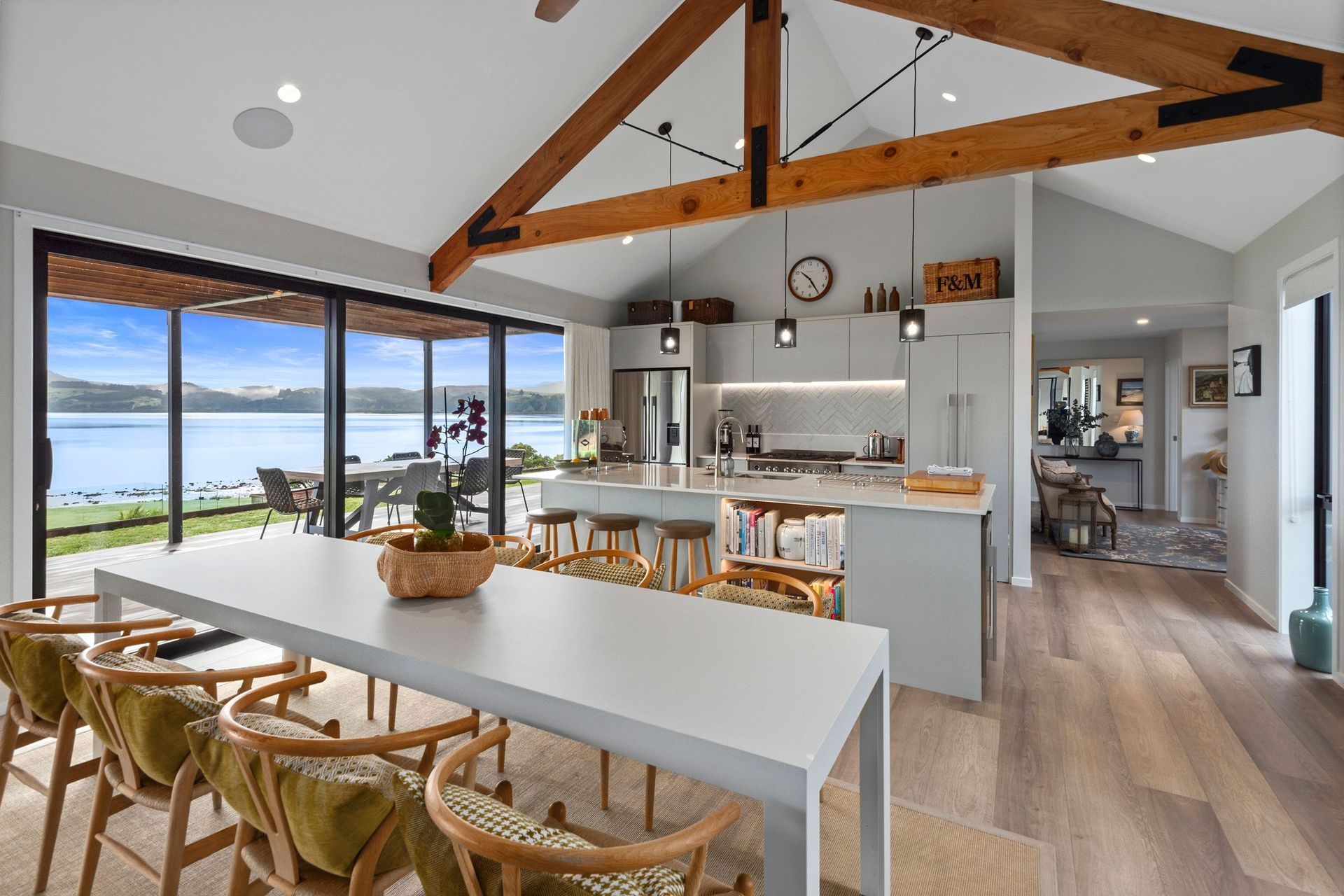 The open-plan kitchen and dining area is ideal for hosting.