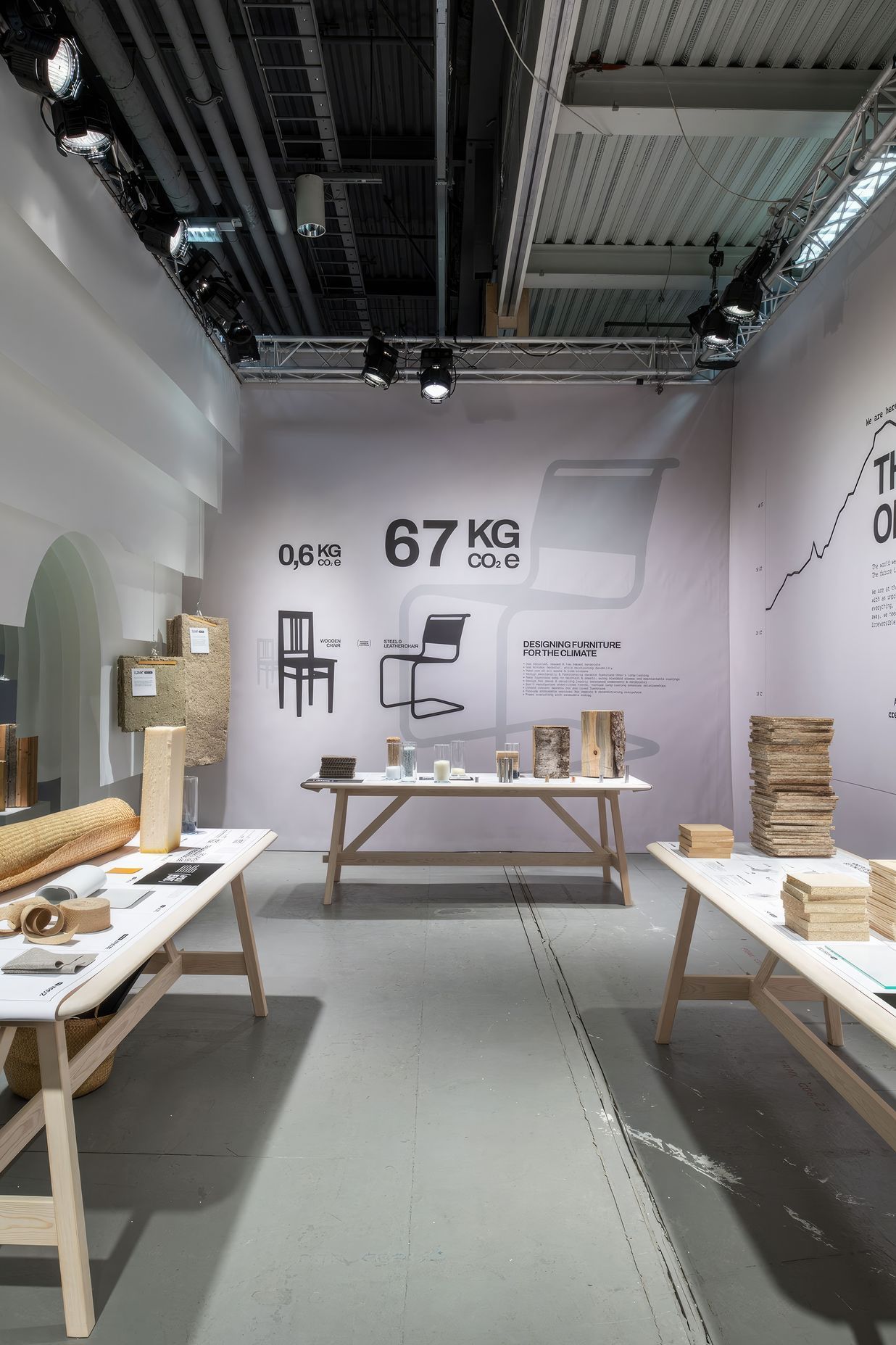 Now or Never – 1kg of CO2 showcased the climate impact of a range of materials commonly used in architecture and furniture design projects. The weight or volume of the material on display was that which could be produced with a 1kg CO2e impact. | Photographer: Andy Liffner