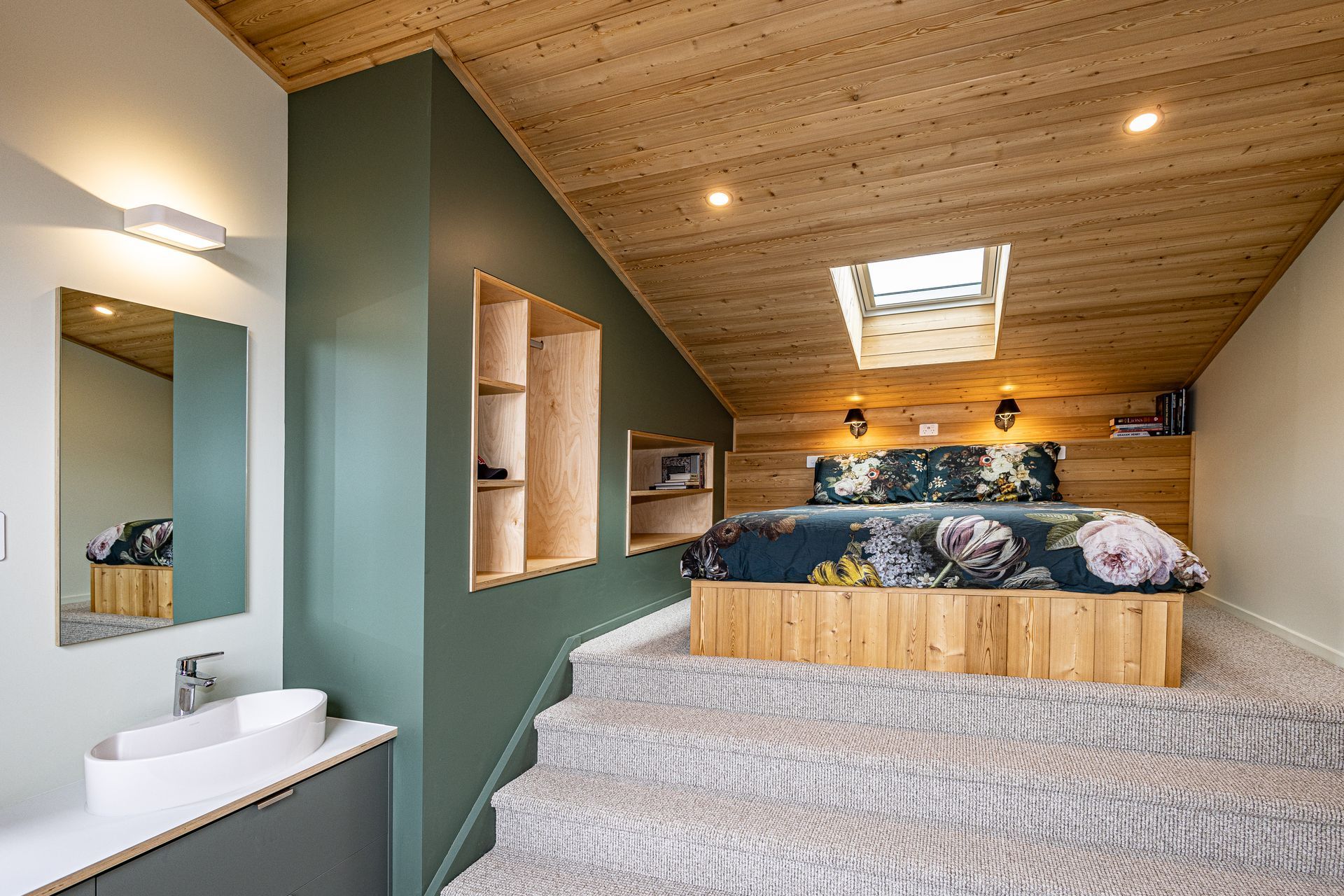 The snug master bedroom, with a skylight for stargazing.