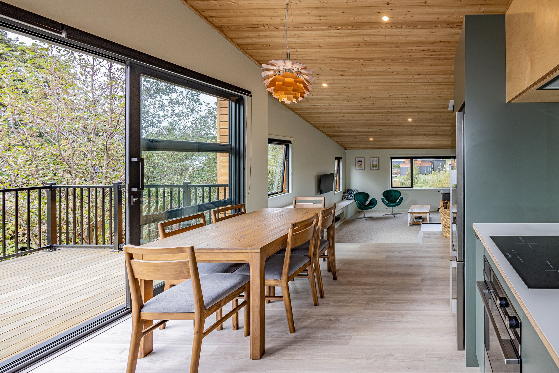 The north-facing deck off the kitchen with spectacular views to Ruapehu.