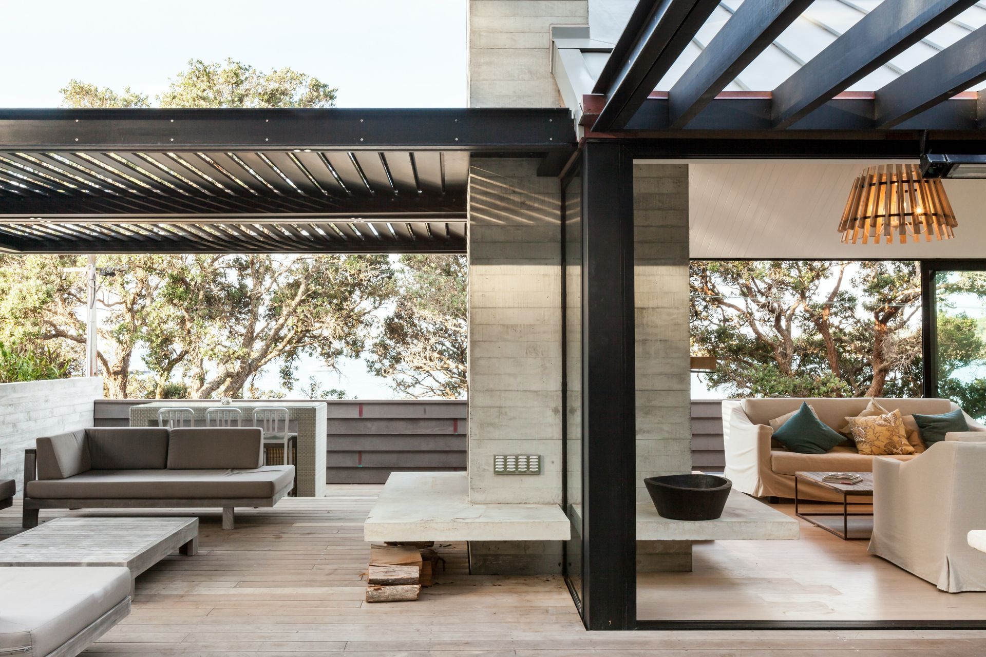 A 230PFC (channel section) steel frame has been specified on this Waiheke home to project a lightweight look