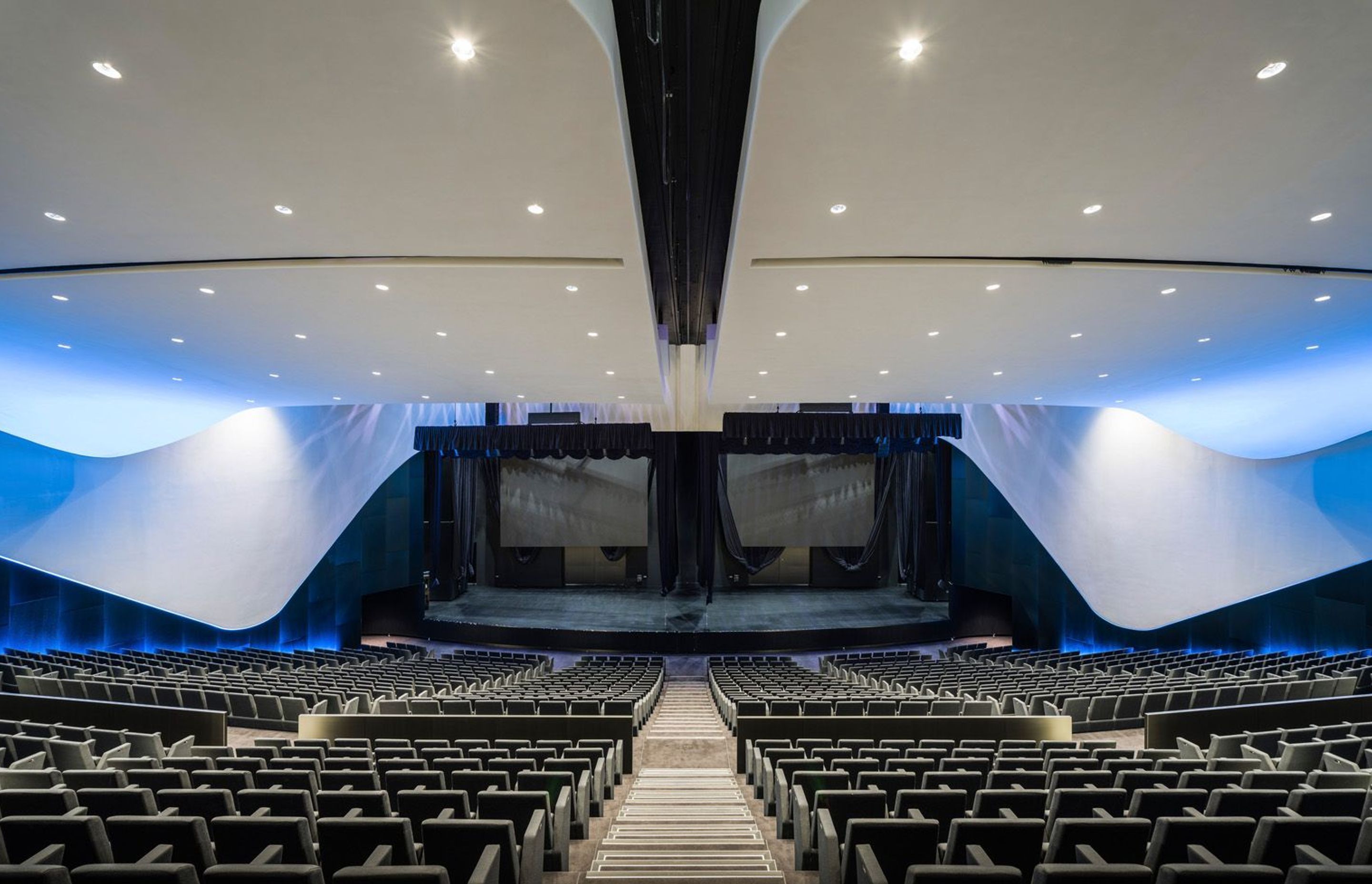 The 1400 seat tiered auditorium is divisible into two 700-seat venues.