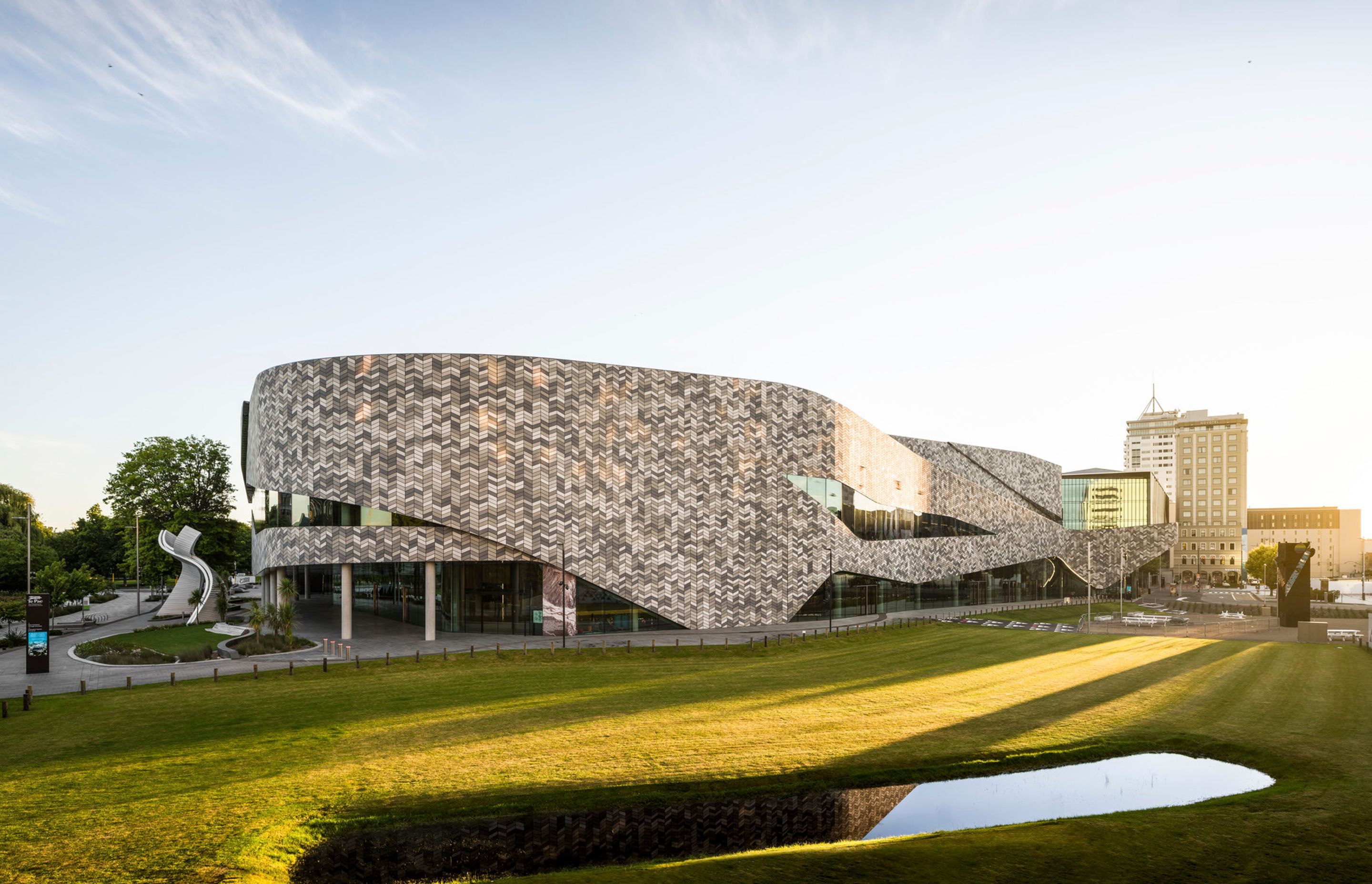 The curved exterior was designed to reflect Christchurch's braided rivers.