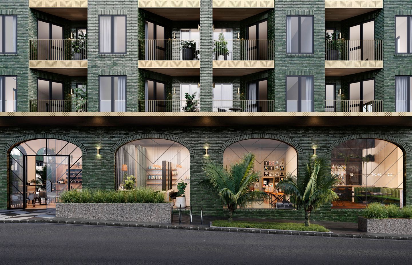 The feather motif can be seen on the windows of the ground floor commercial space.