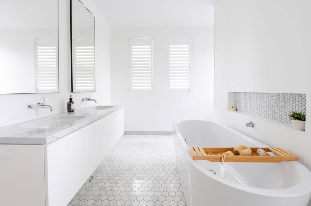 The gorgeous bathroom at the Luxury Minimal "Beach House"