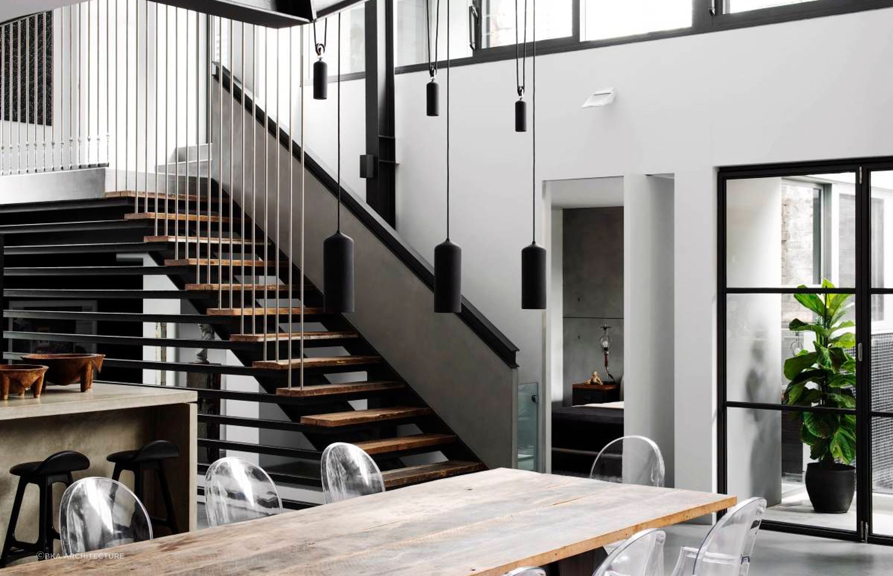 A great example of industrial style lighting in the living space of this Paddington warehouse conversion