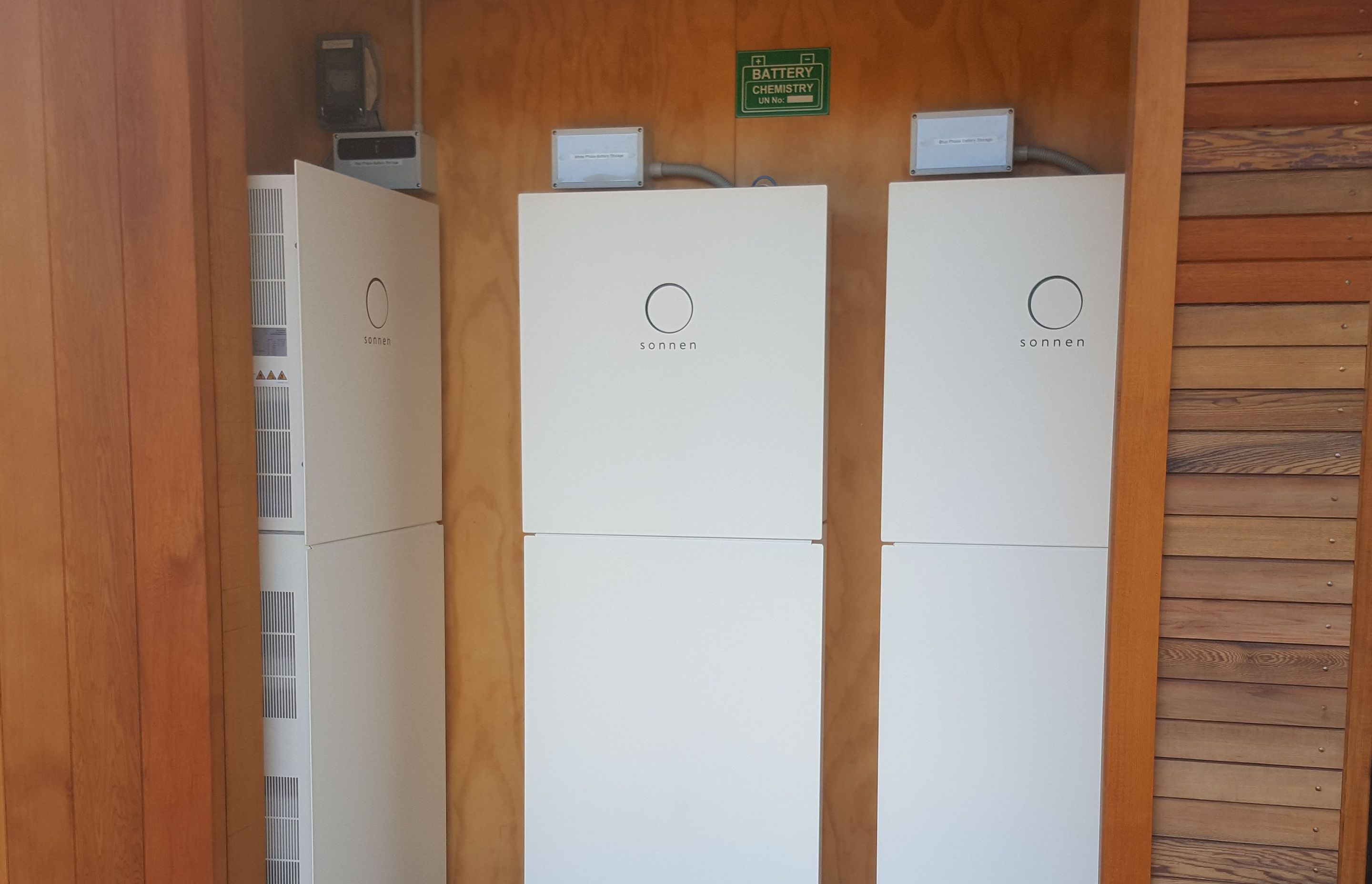 These Sonnen self-consumption batteries, set up in a three phase system, provide renewable energy year round.