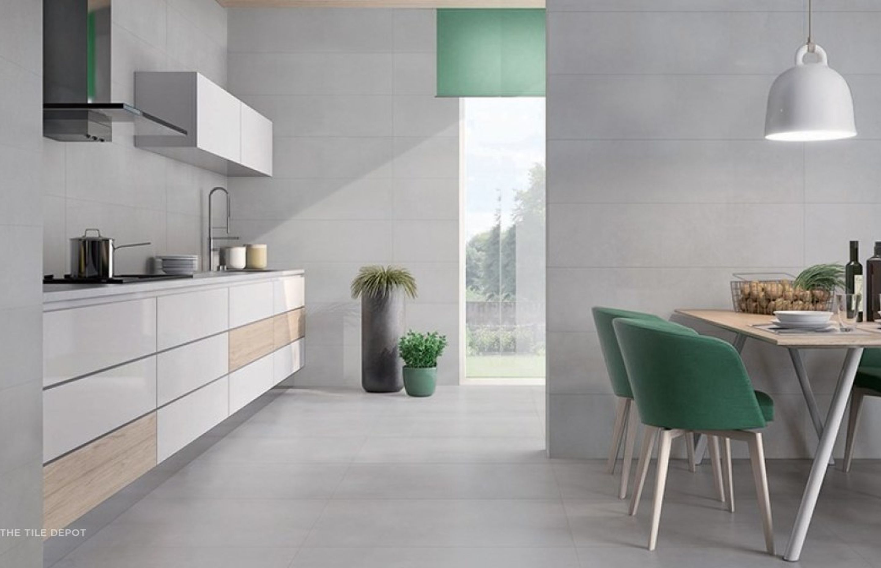 The same glazed porcelain tiles are used in the kitchen as well as the dining area which makes the design more cohesive. These porcelain tiles have a matte stone look which makes gives the space an Urban contemporary look. (Tile Depot, 2021)