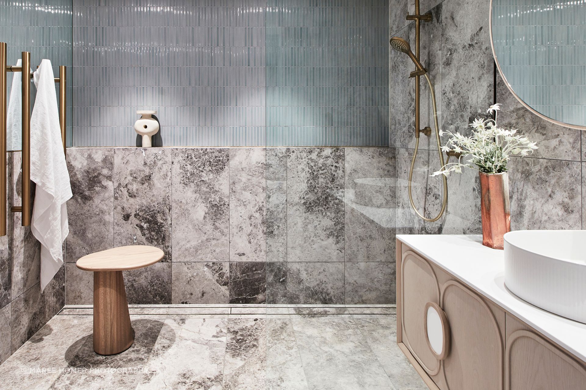 Manhattan Limestone | Catherine de Meur Interiors | Interior styling by Tess Thyregod | 2023 HIA Australian Bathroom Design Winner