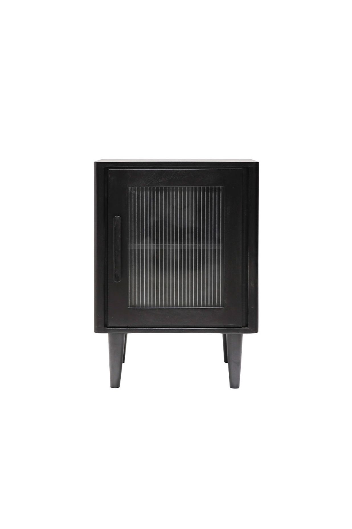 Incorporate fluted glass into your bedroom furniture - this slick black Tate glass bedside from Hawthorne collections is a perfectly elegant way to incorprate fluted glass in your bedroom.
