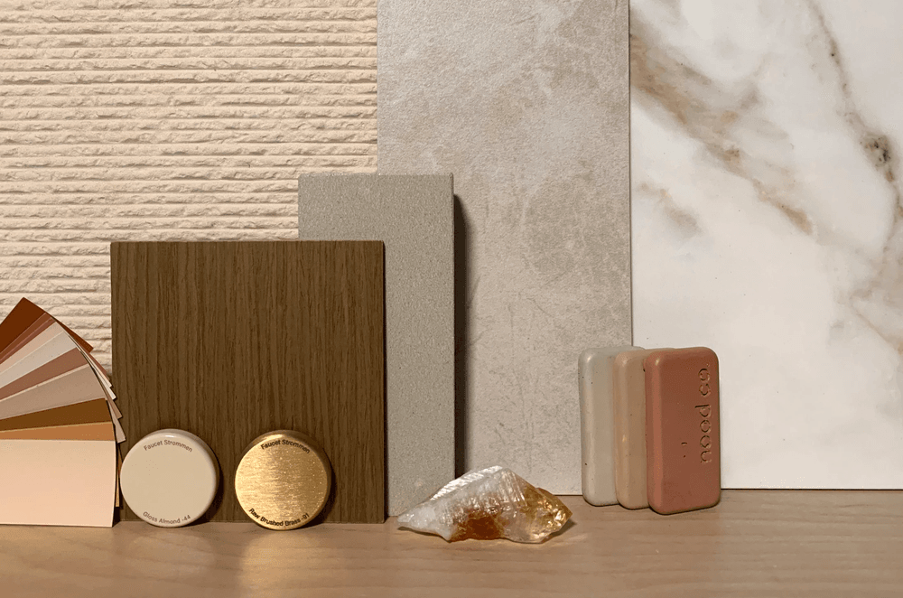 Sustainable finishes - natural paint, Global GreenTag ceramic tiles & timber veneer, recycled glass benchtop surface, Australian-made tap ware & concrete sink samples
