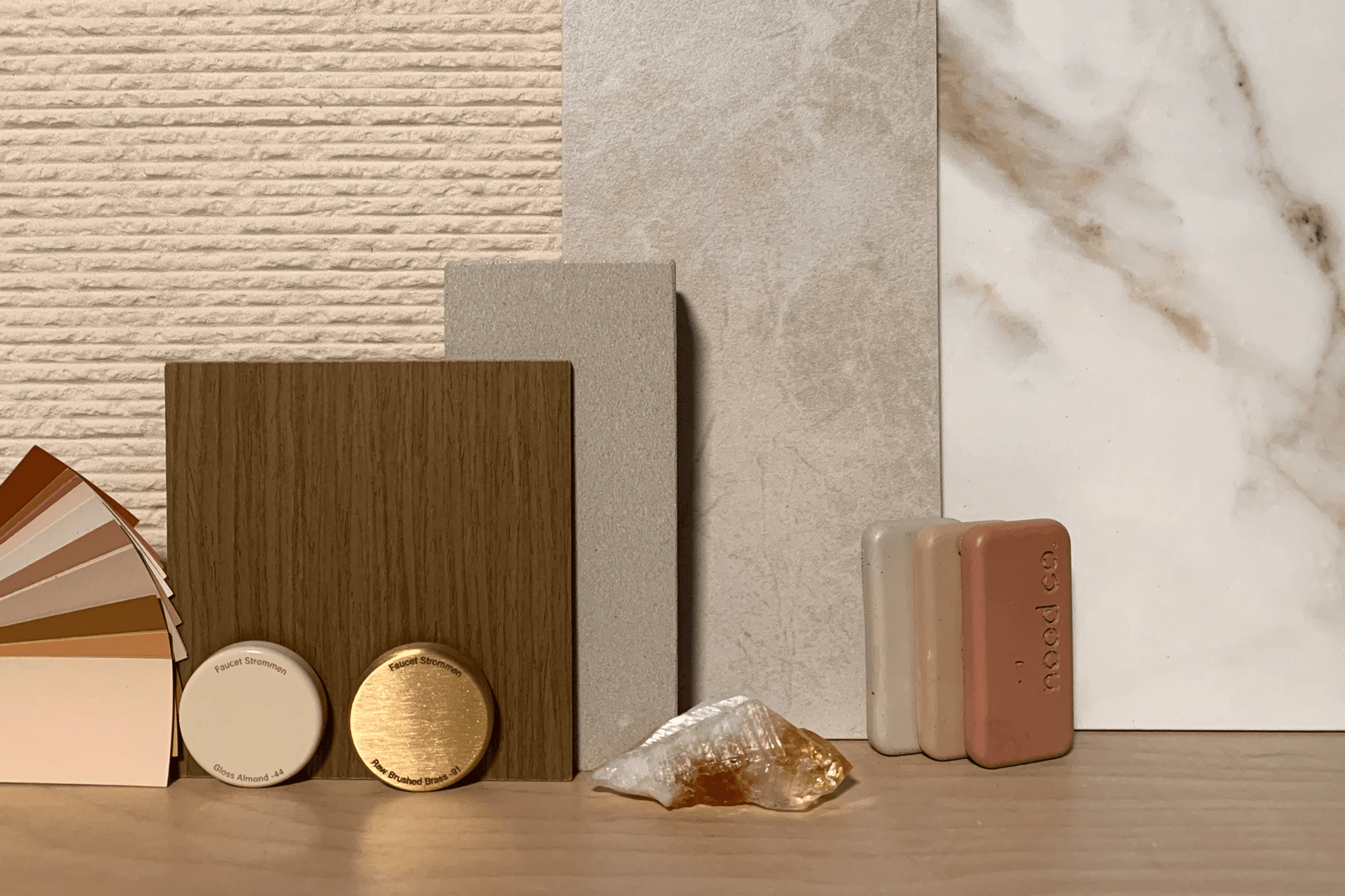 Sustainable finishes - natural paint, Global GreenTag ceramic tiles &amp; timber veneer, recycled glass benchtop surface, Australian-made tap ware &amp; concrete sink samples