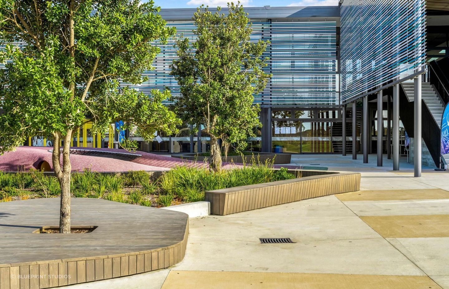 The timber features, built by the Murphy Landscapes team, mirror the organic shapes used throughout the landscape design.