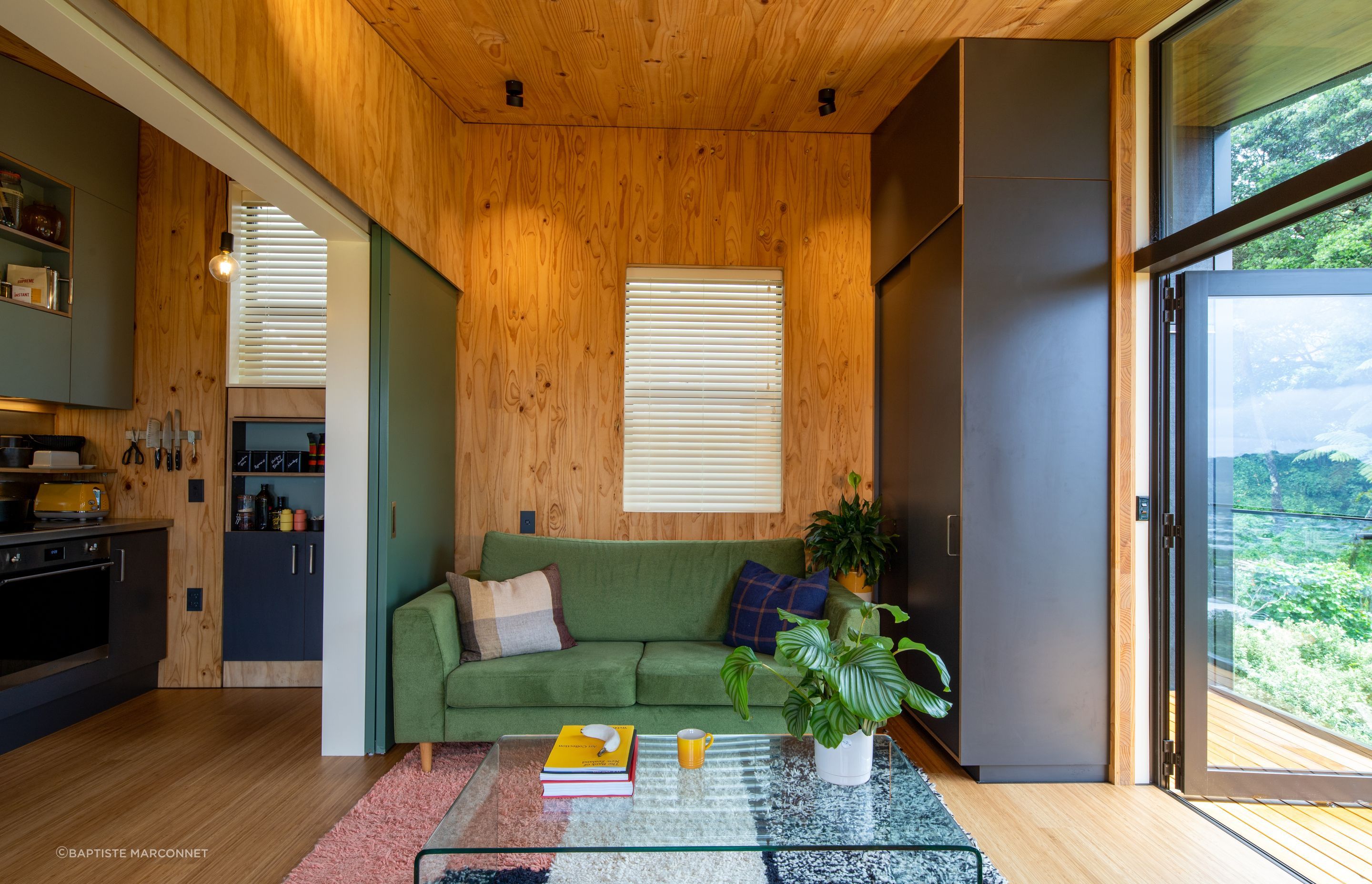 Indoor-outdoor flow is created with the connection of the porch module to the multi-use module.